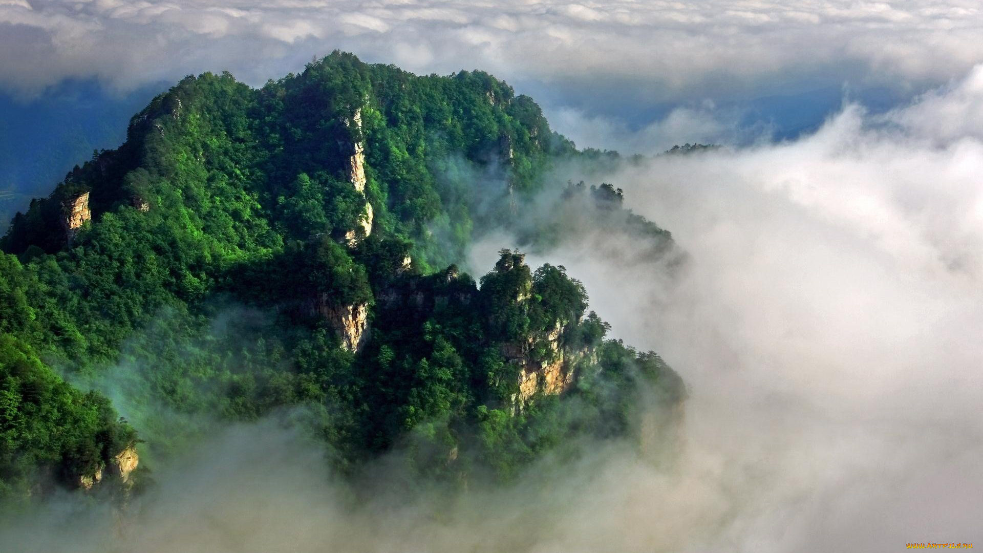 природа, горы, вершины, зелень, облака