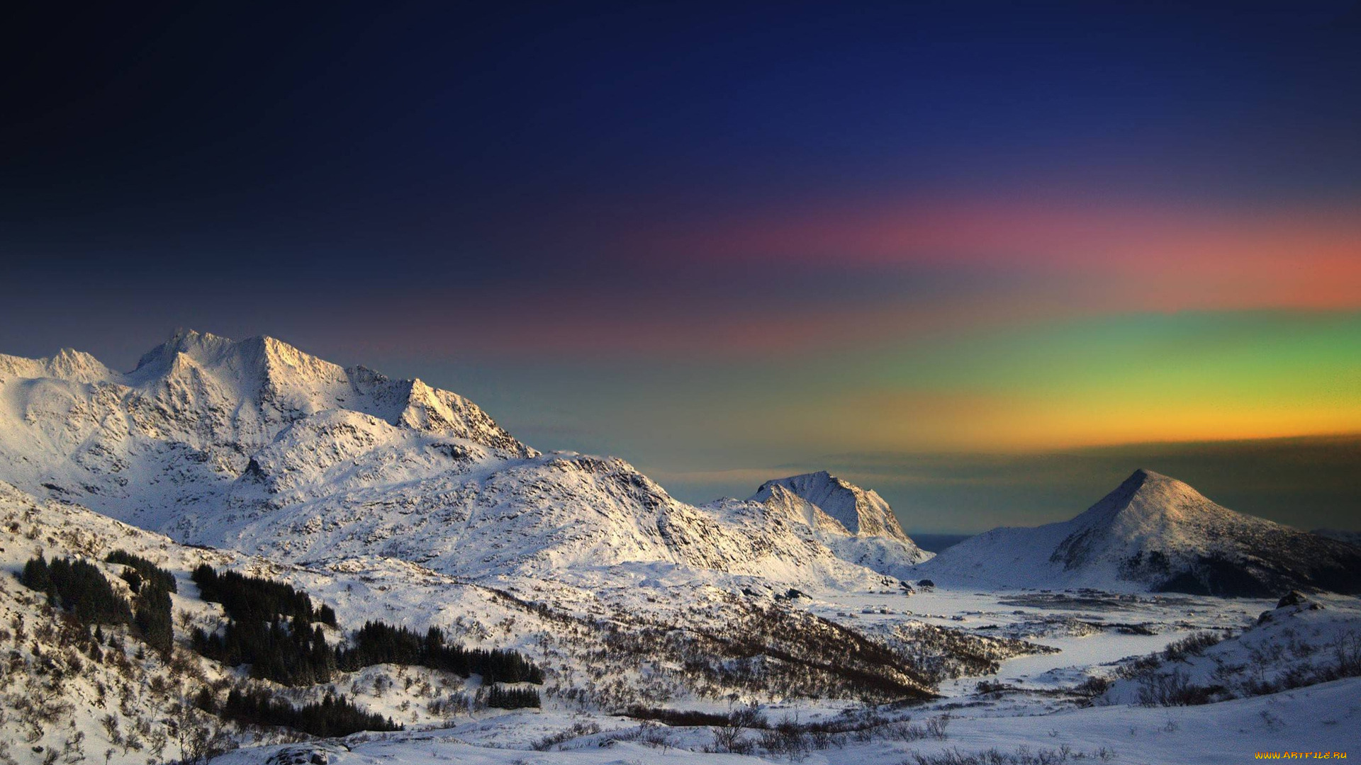 природа, горы, заря, снега, восход