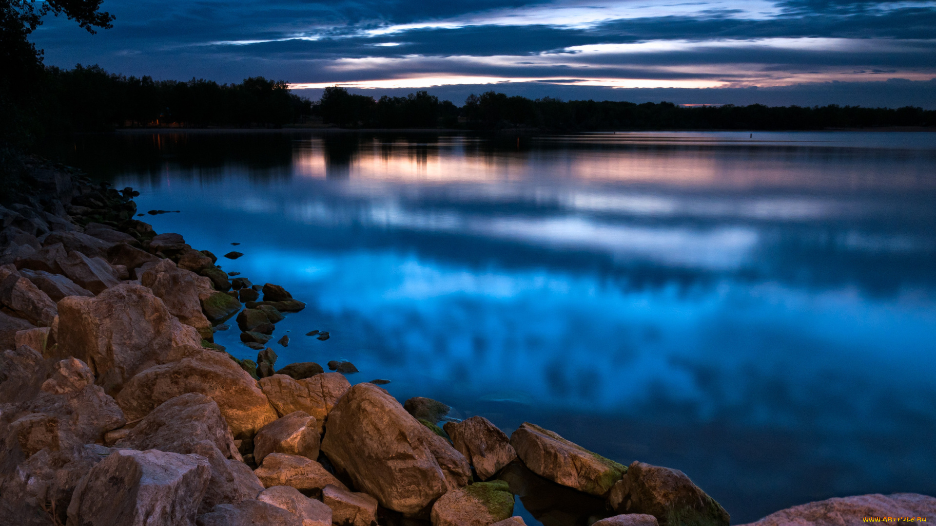 природа, реки, озера, ночь, озеро, лес, камни