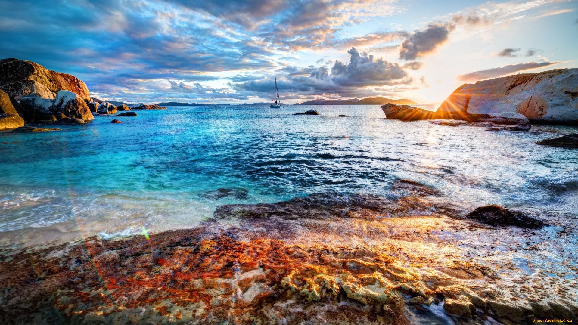 природа, восходы, закаты, море, яхта, восход, камни
