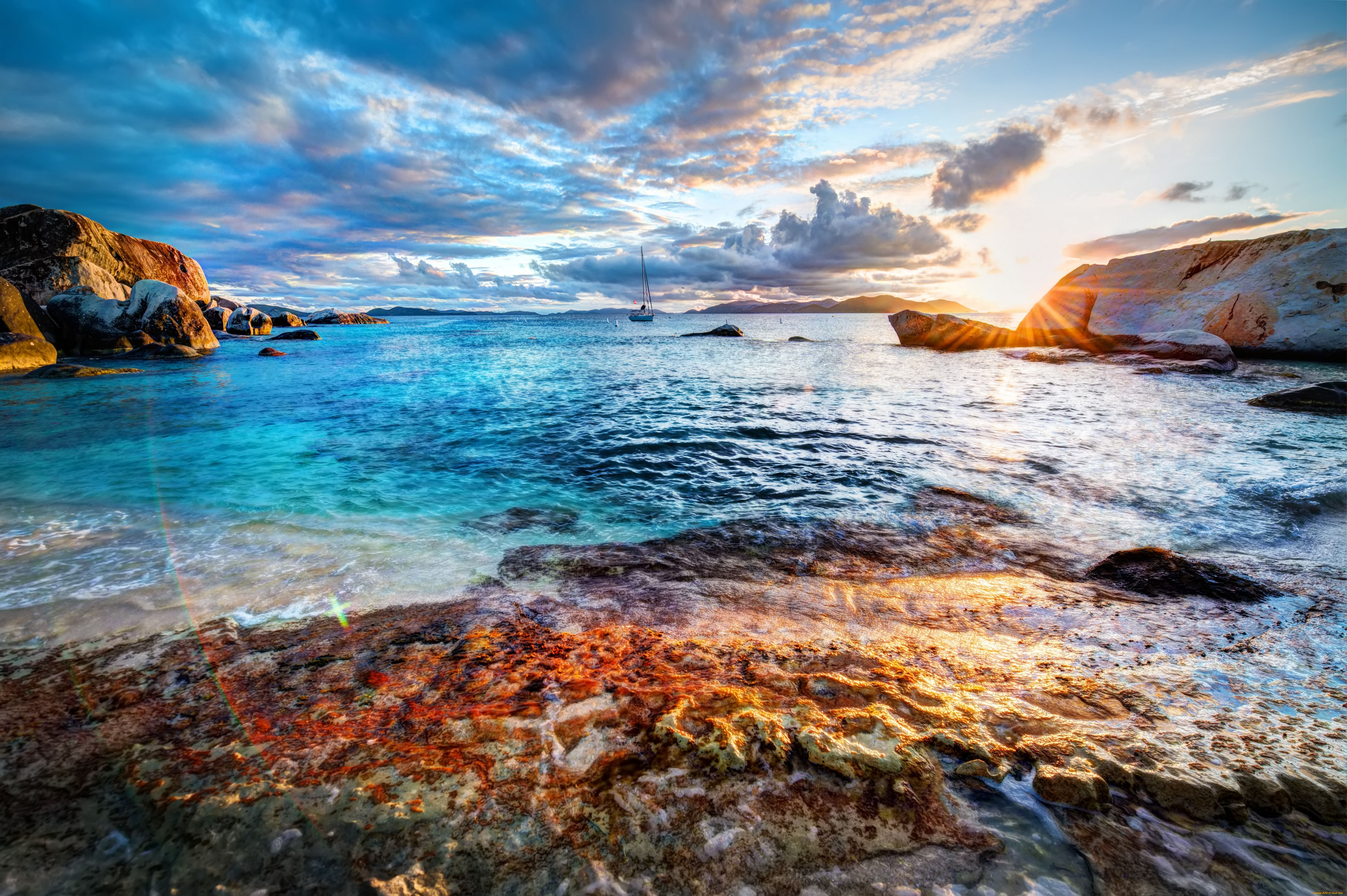 природа, восходы, закаты, море, яхта, восход, камни