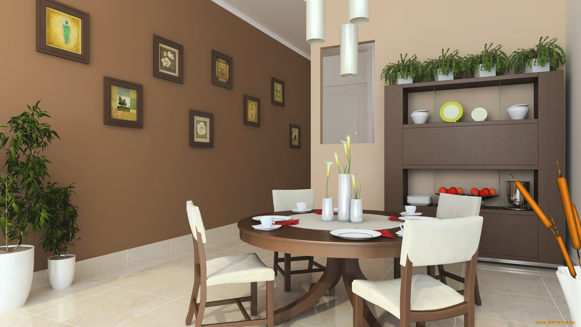 3д, графика, realism, , реализм, тарелки, растение, картины, чашки, цветы, комната, стол, стулья