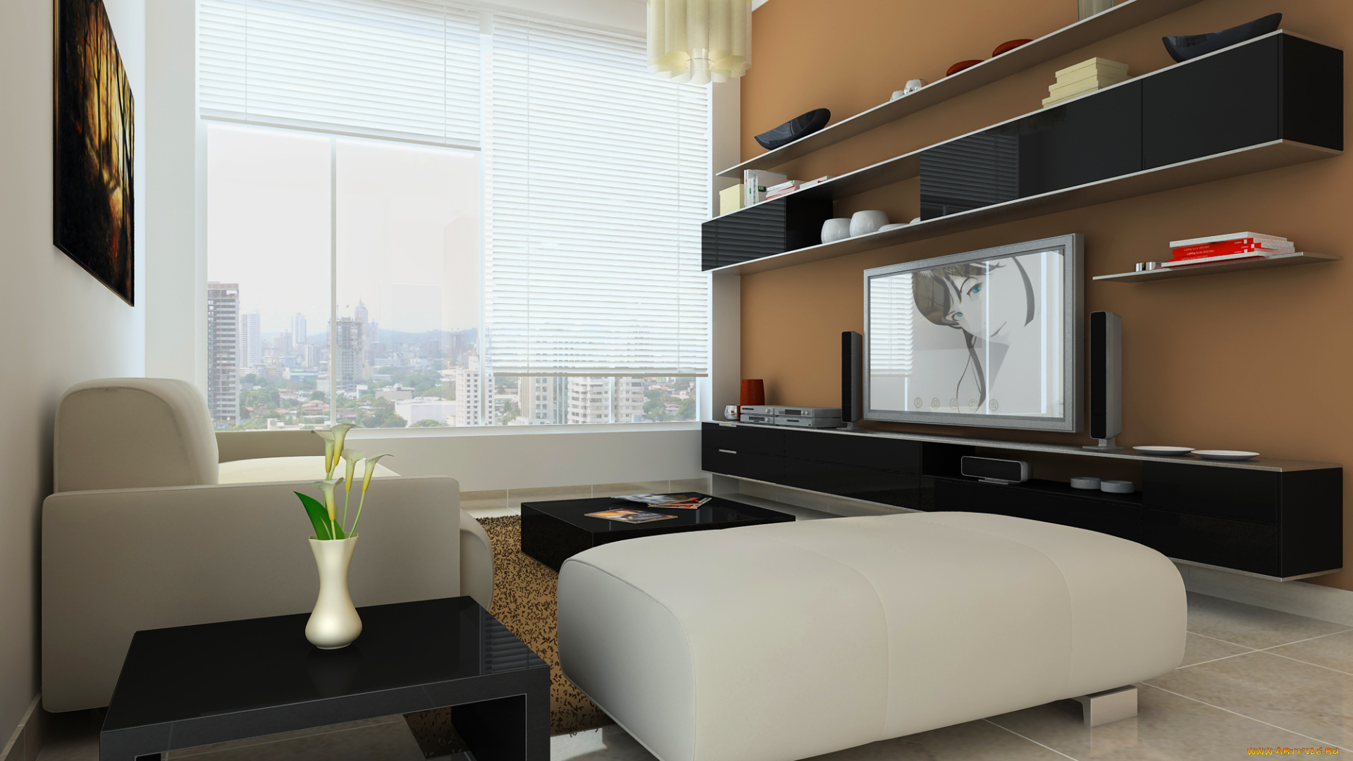 3д, графика, realism, , реализм, ваза, полки, окно, стол, телевизор, диван, цветы