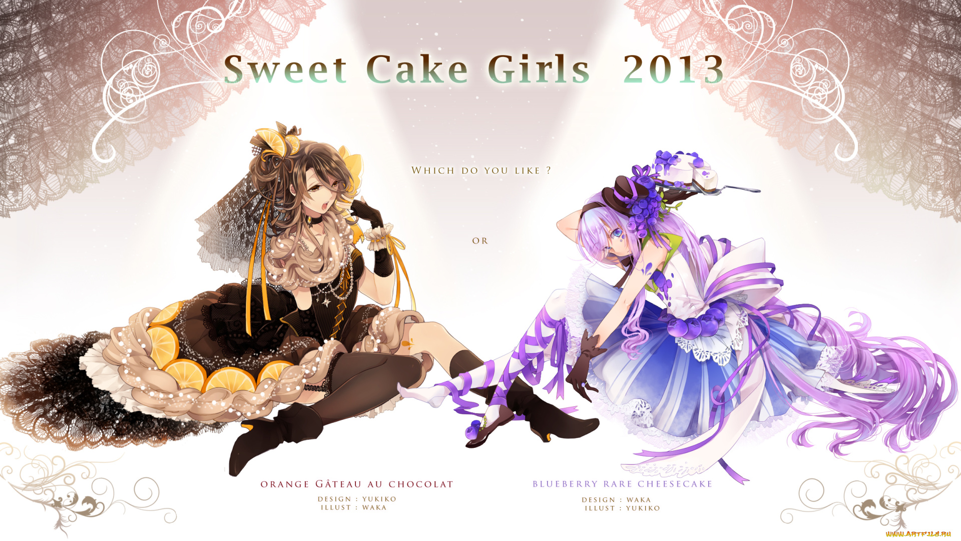 by, katase, waka, аниме, *unknown, , другое, вуаль, девушки, угощение, чизкейк, шоколад, сладости, платье, шляпа, черника, апельсин