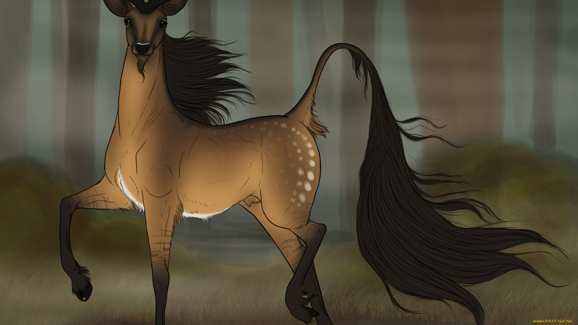 рисованные, животные, , сказочные, , мифические, олень, лес