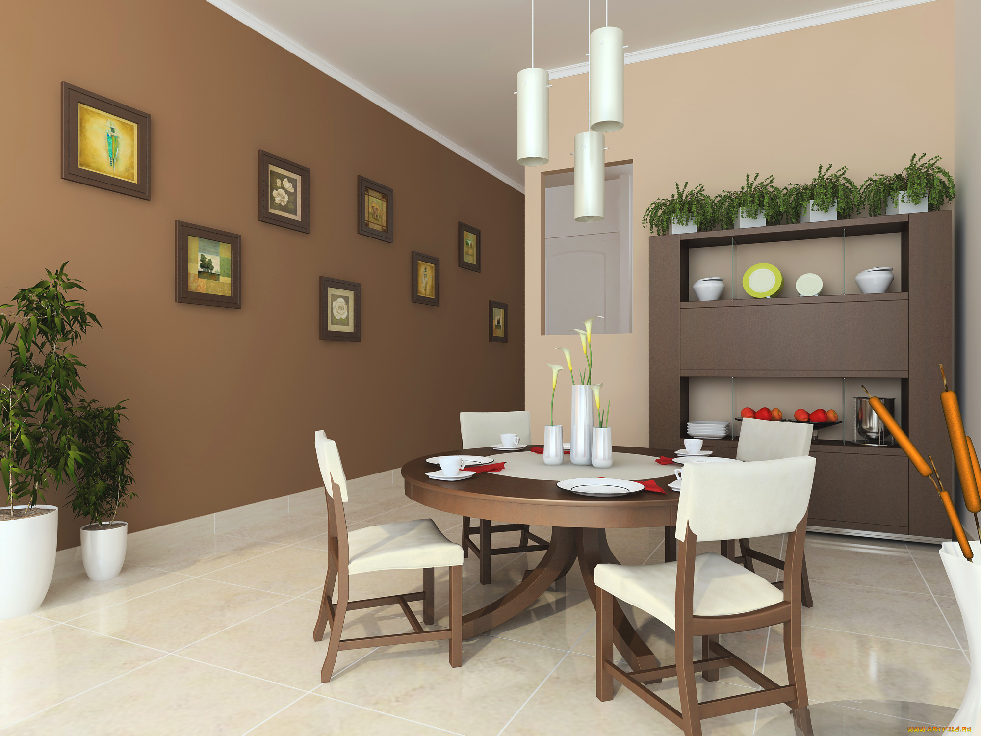 3д, графика, realism, , реализм, тарелки, растение, картины, чашки, цветы, комната, стол, стулья