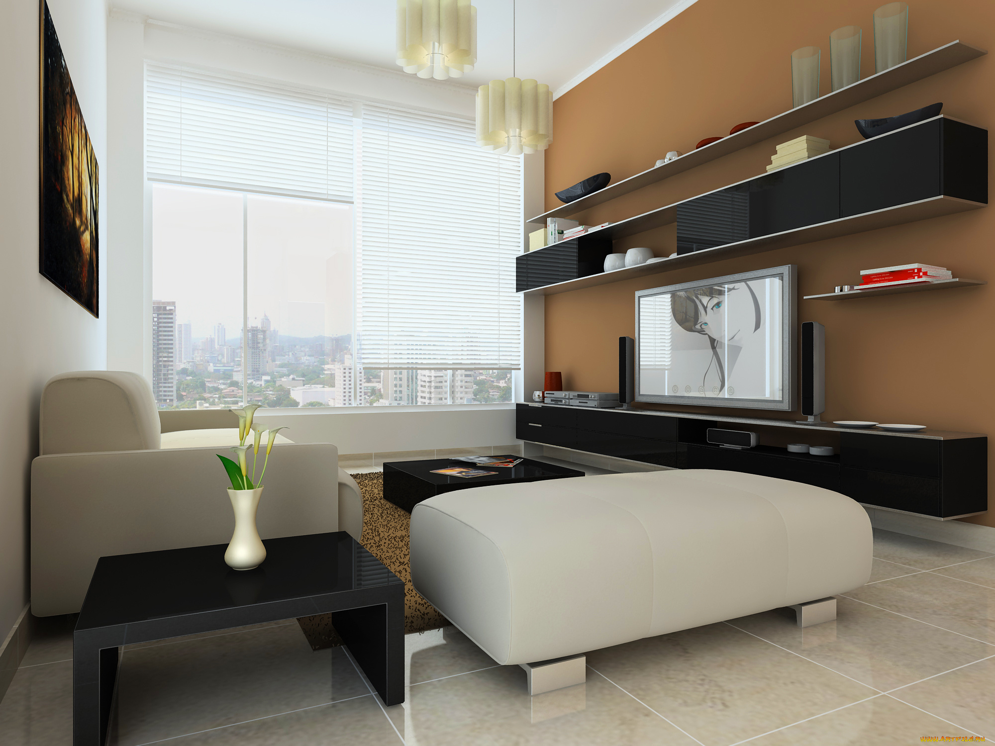 3д, графика, realism, , реализм, ваза, полки, окно, стол, телевизор, диван, цветы