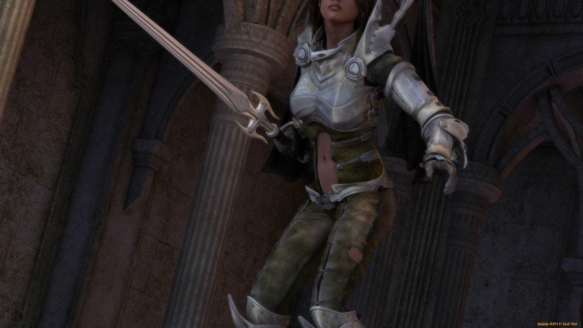 3д, графика, фантазия, , fantasy, доспехи, оружие, фон, взгляд, девушка