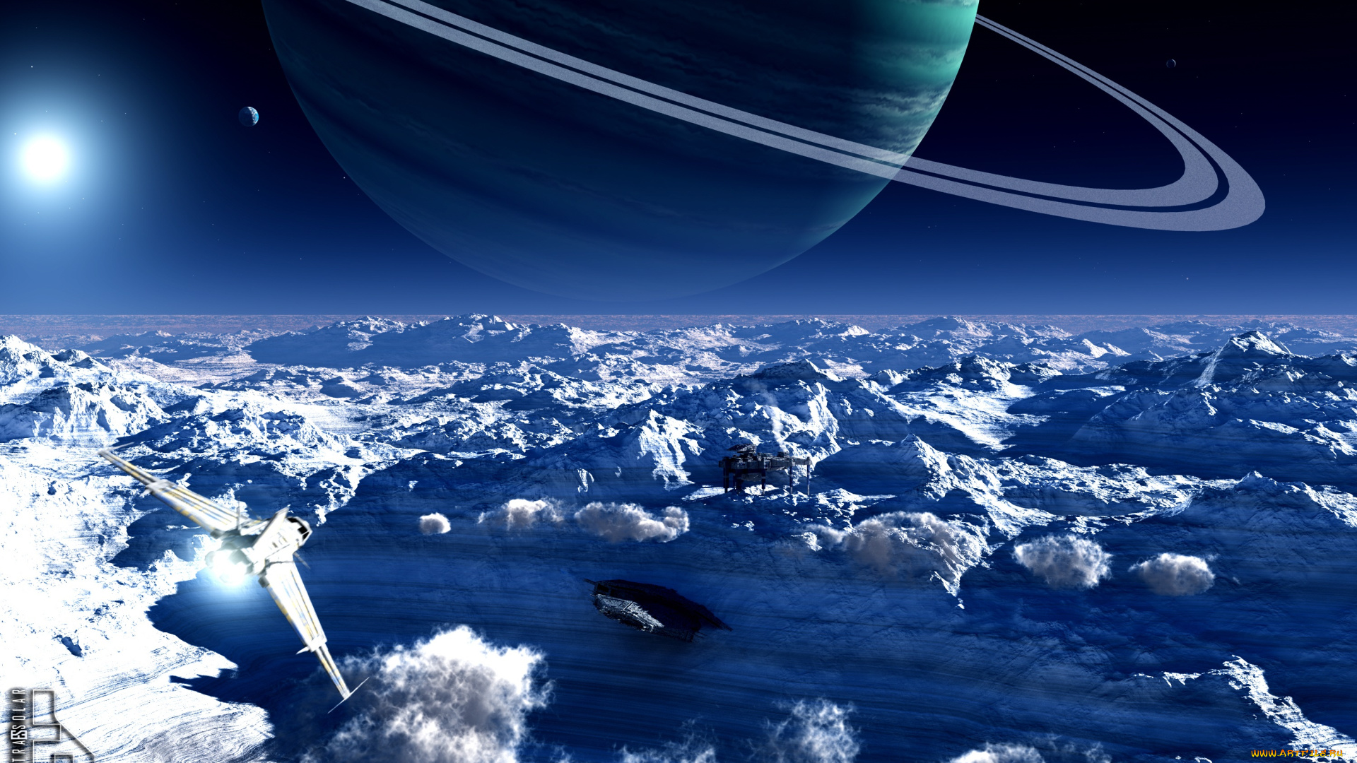 3д, графика, фантазия, , fantasy, кольца, небо, фантастика, облака, планета