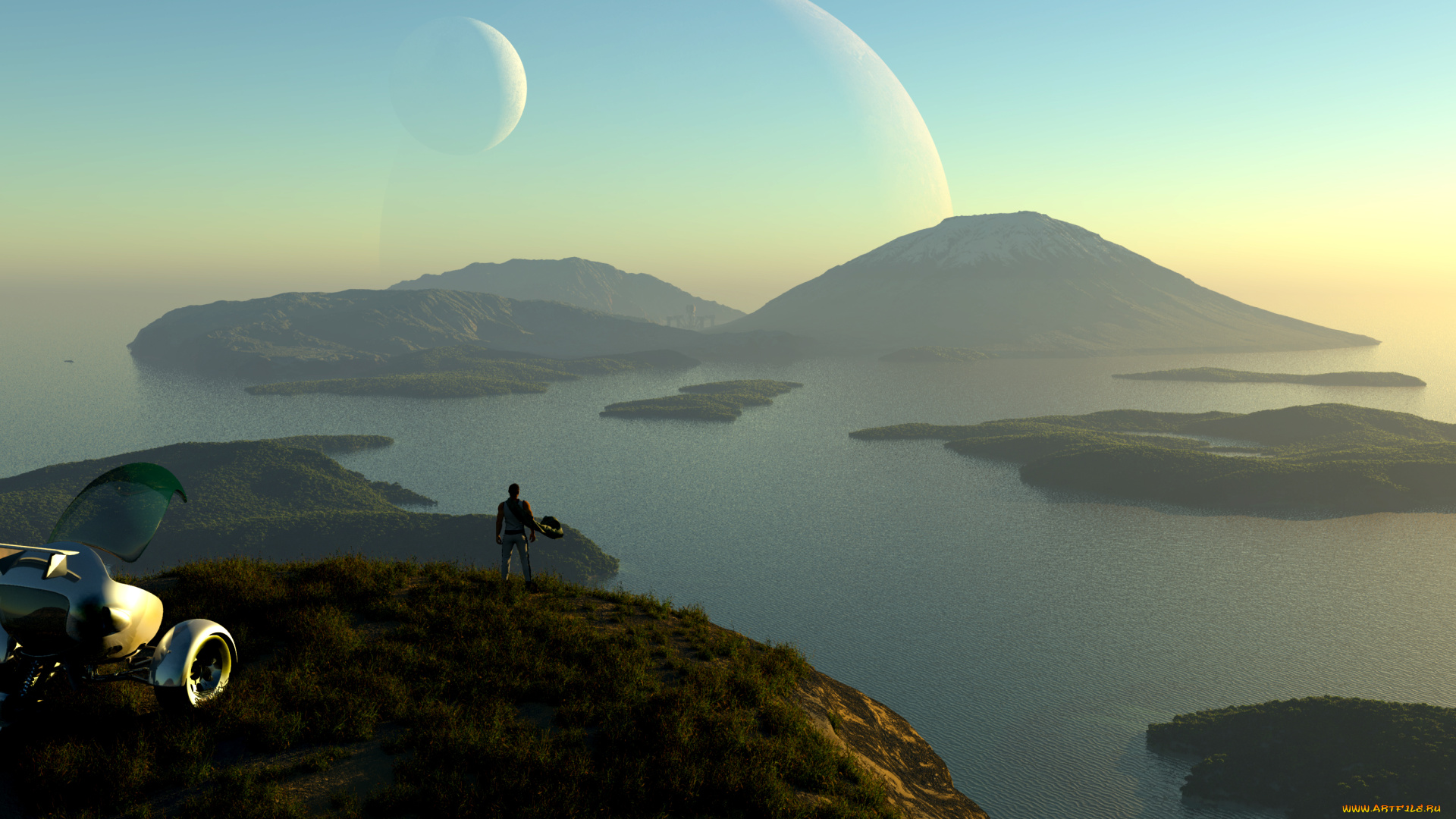 3д, графика, фантазия, , fantasy, небо, пейзаж, вода, озеро, планеты, горы, фантастика