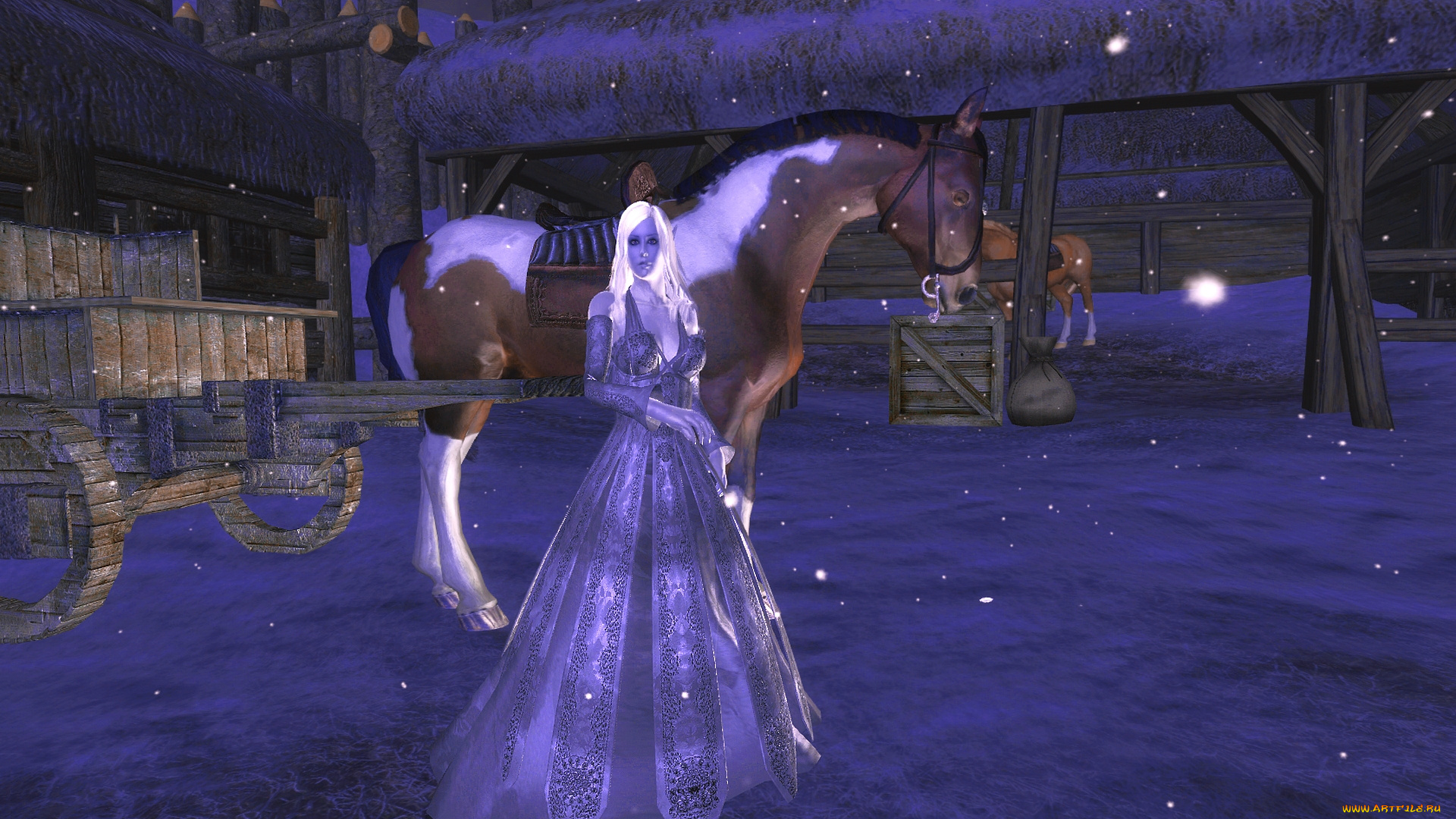 3д, графика, фантазия, , fantasy, снежная, королева, лошадь, фон, взгляд, девушка