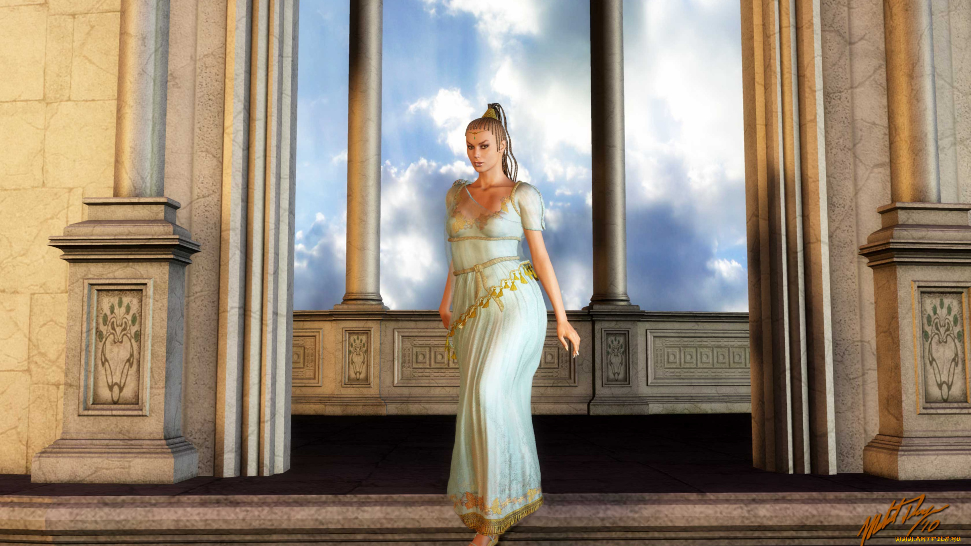 3д, графика, люди, , people, небо, окно, фон, взгляд, девушка, платье