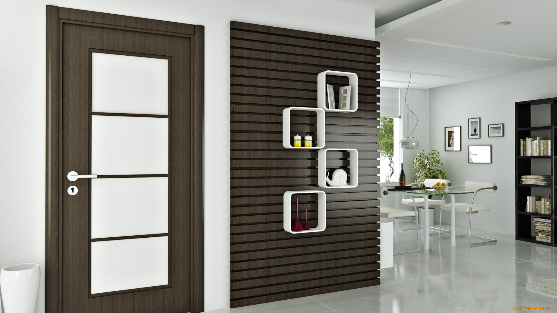 3д, графика, реализм, , realism, полки, комната, стулья, стол, дверь