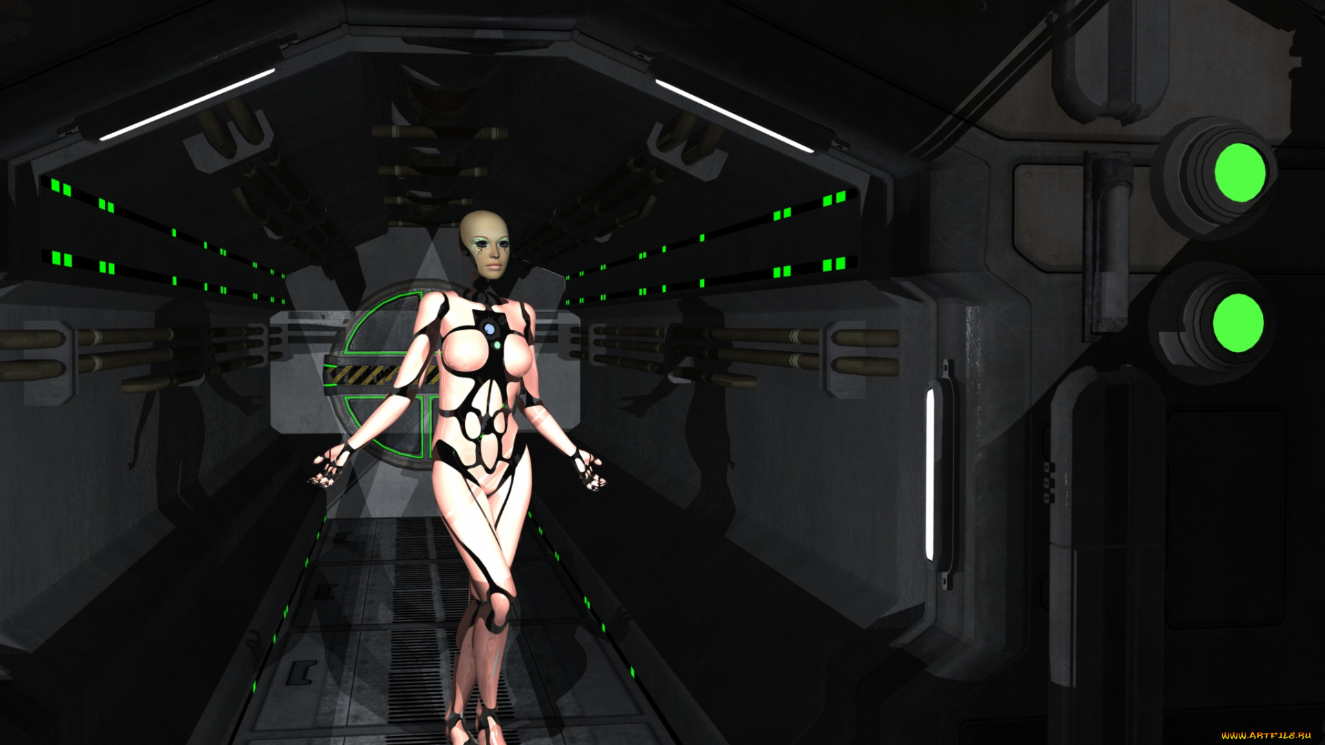 3д, графика, _science, fiction, взгляд, девушка, киборг, фон