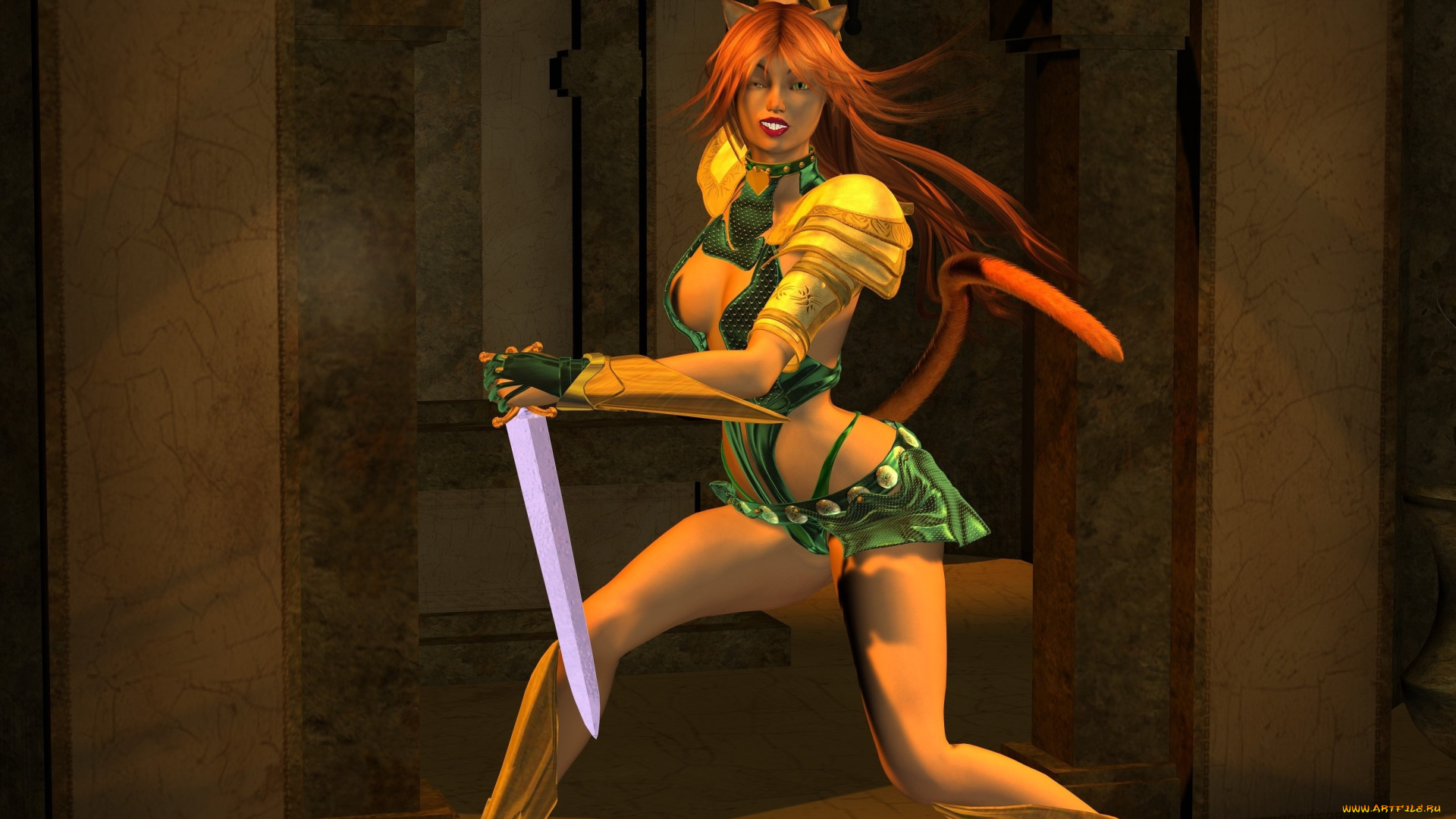 3д, графика, существа, , creatures, фон, взгляд, девушка, хвост, ушки, оружие