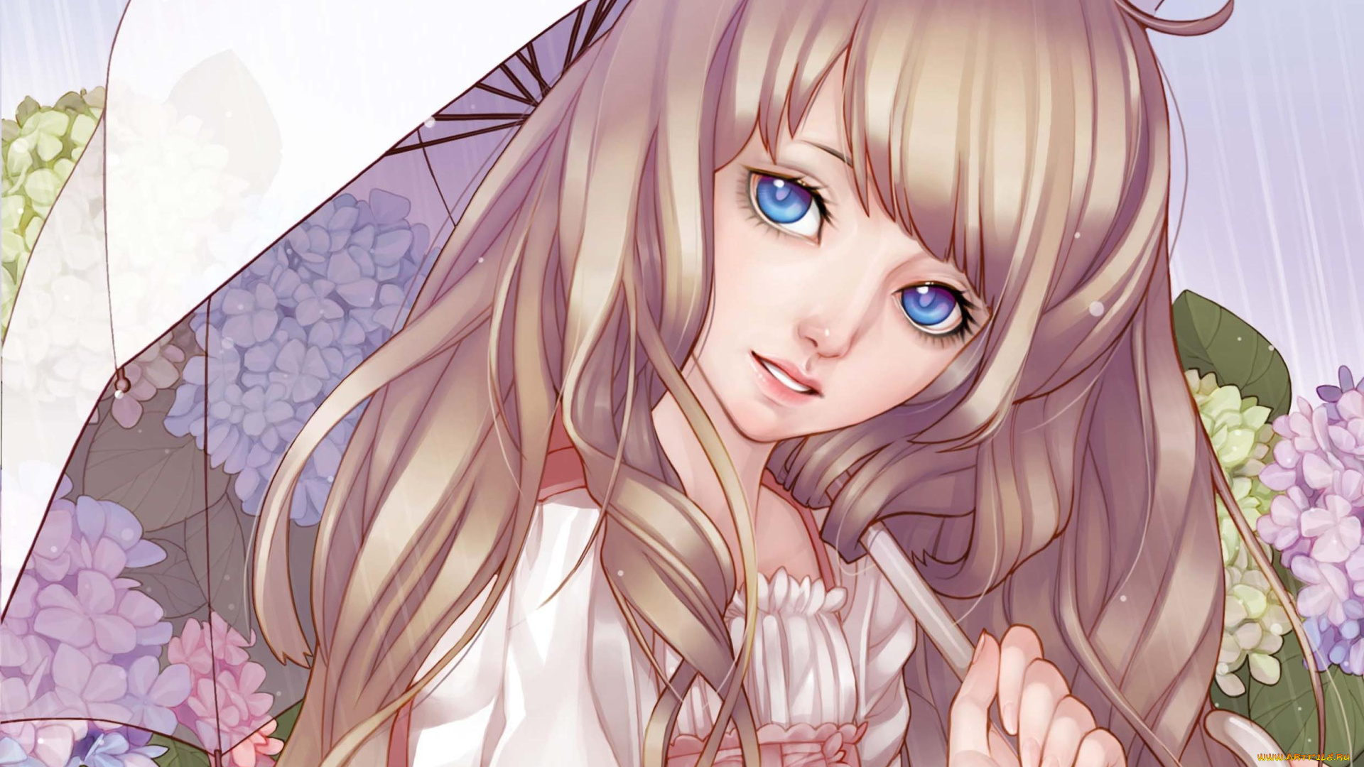 рисованное, дети, зонт, взгляд, девочка, цветы, гортензия, дождь