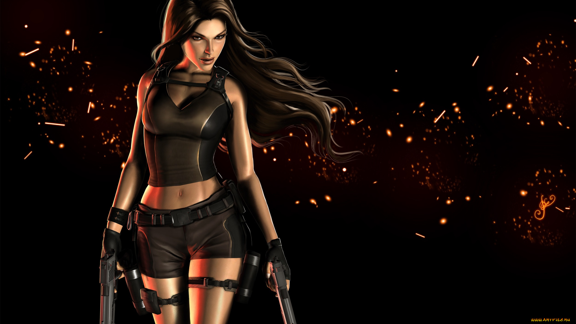 рисованное, кино, фон, девушка, взгляд, оружие