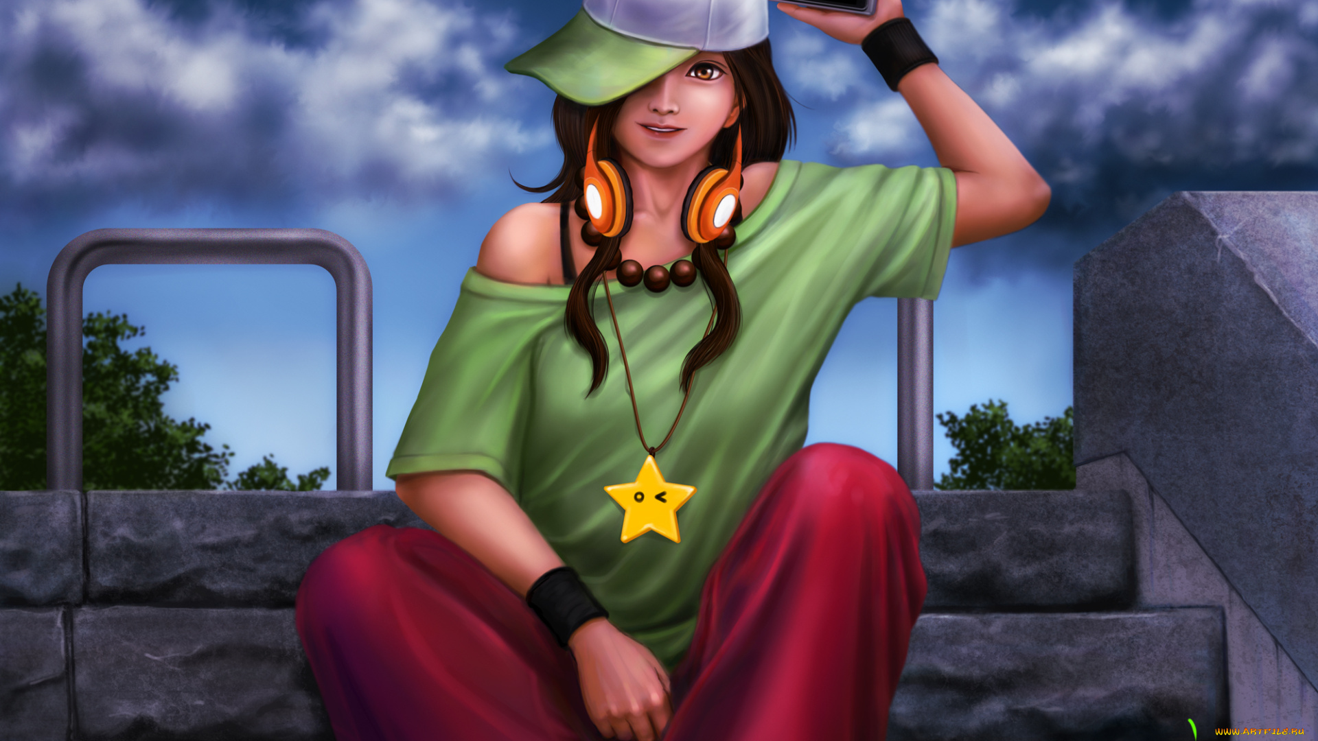 рисованное, люди, девушка, шляпа, смартфон, облака, небо, лестница, наушники, фон, взгляд