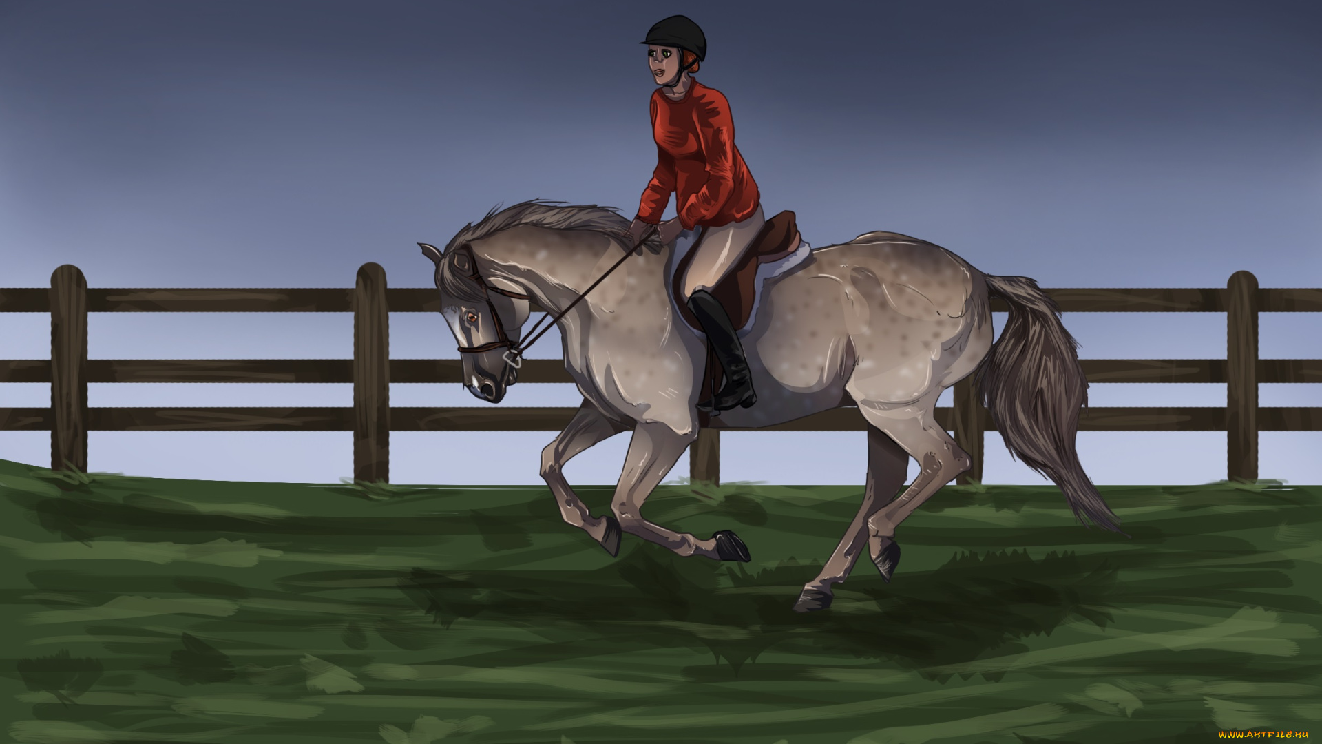 рисованное, животные, , лошади, лошадь, забор, соревнования, всадник