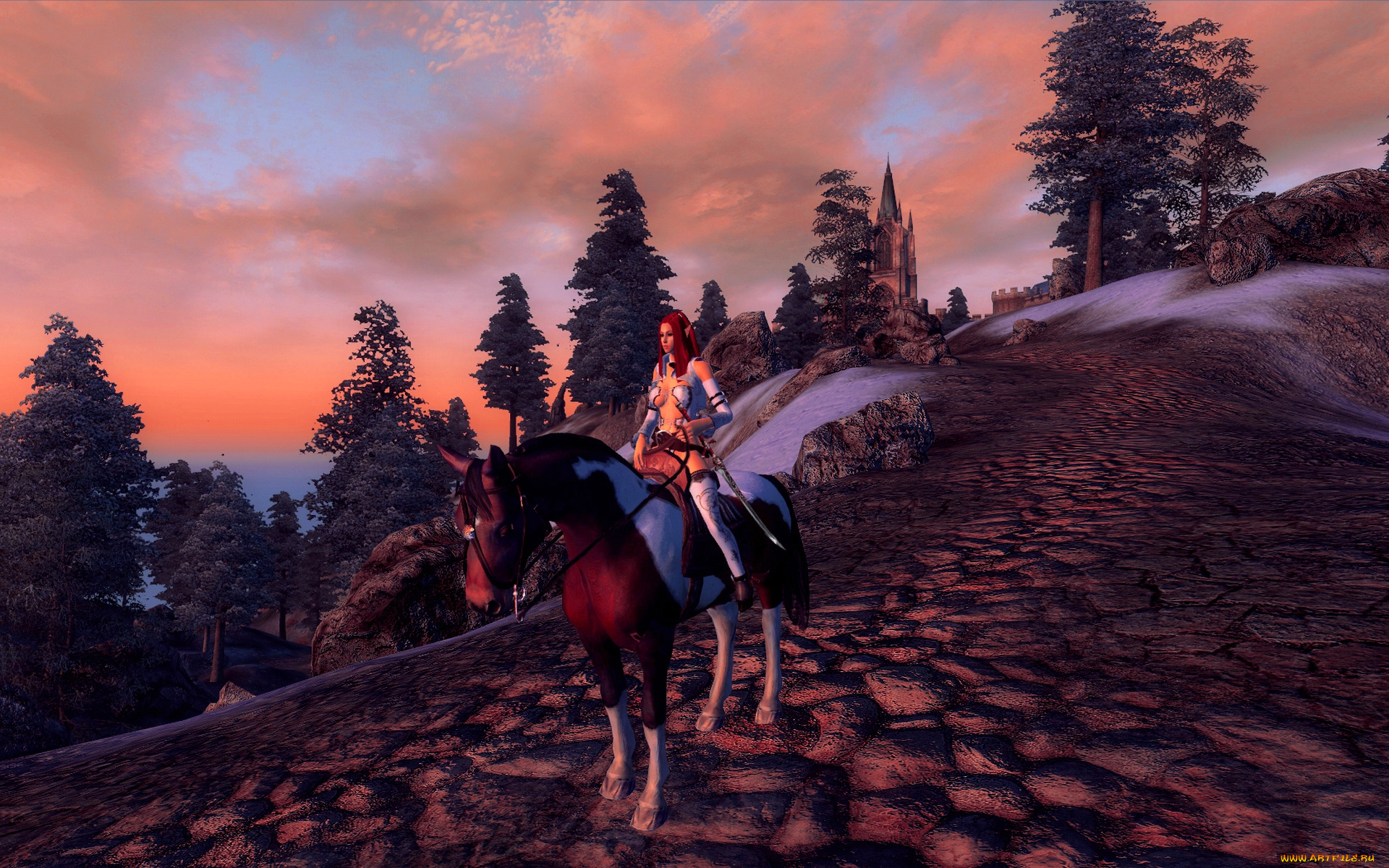 3д, графика, эльфы, , elves, фон, деревья, взгляд, эльфийка, закат, лошадь