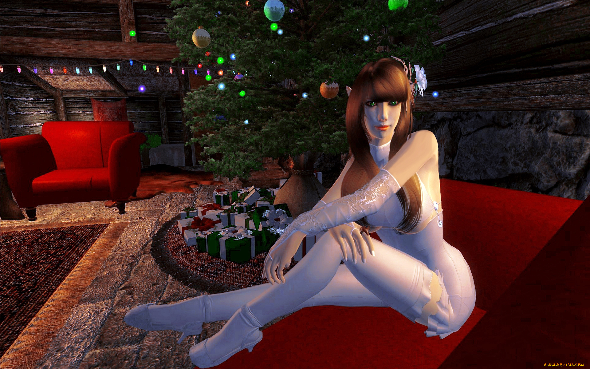 3д, графика, праздники, , holidays, взгляд, фон, эльфийка, елка, подарки, диван, кресло, комната, украшение