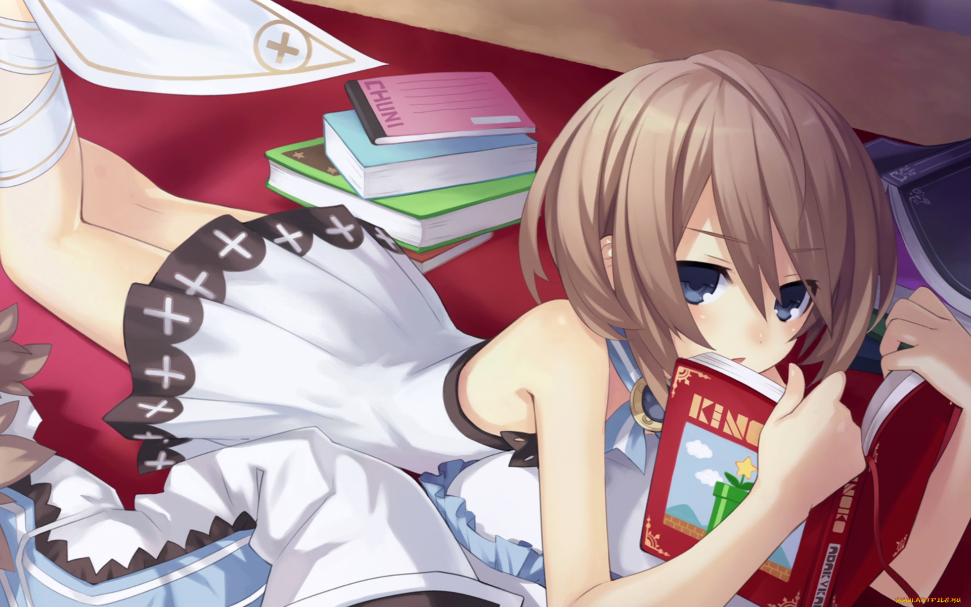 аниме, hyperdimension, neptunia, книги, девушка, ковер, платье, пол
