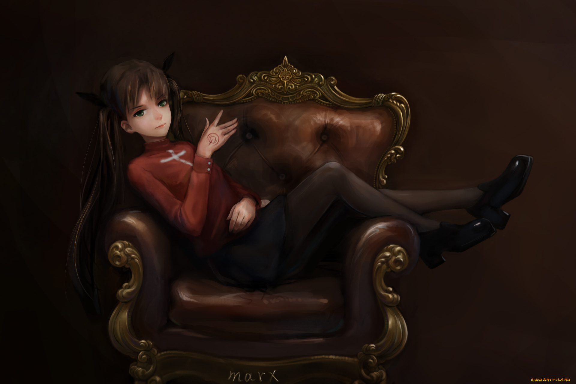 аниме, fate, stay, night, tohsaka, rin, makesi, арт, девушка, кресло, комната