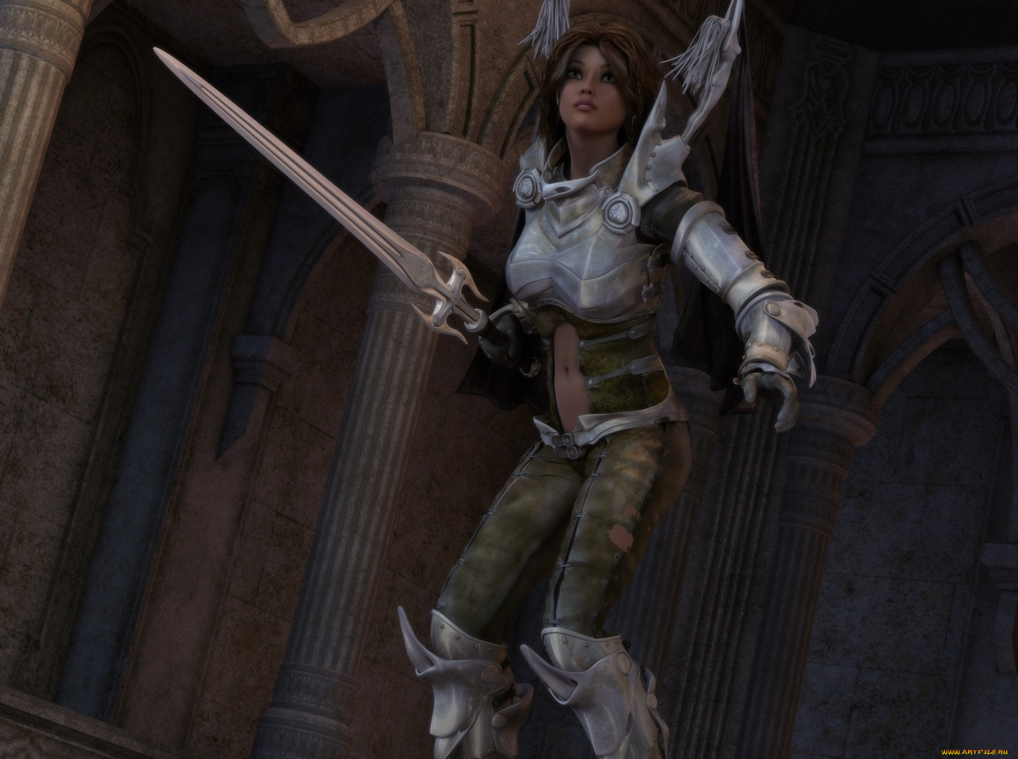 3д, графика, фантазия, , fantasy, доспехи, оружие, фон, взгляд, девушка