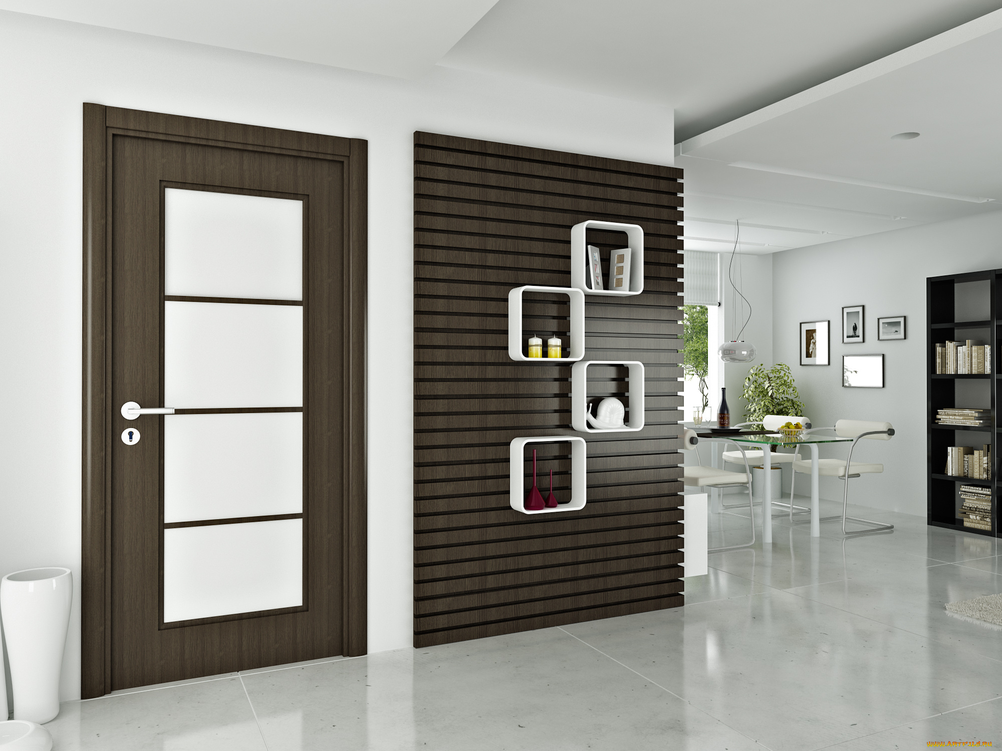 3д, графика, реализм, , realism, полки, комната, стулья, стол, дверь