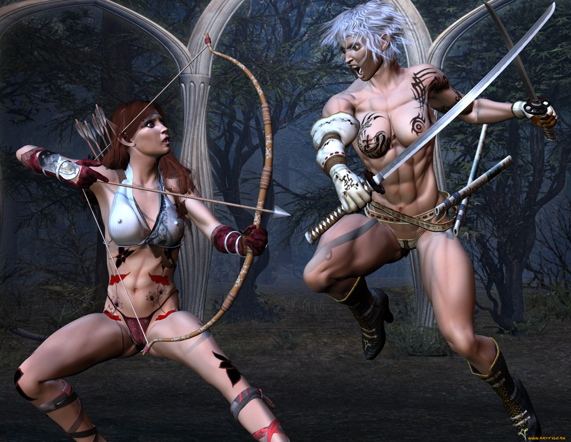 3д, графика, фантазия, , fantasy, лук, фон, взгляд, девушка, меч, существо, амазонка