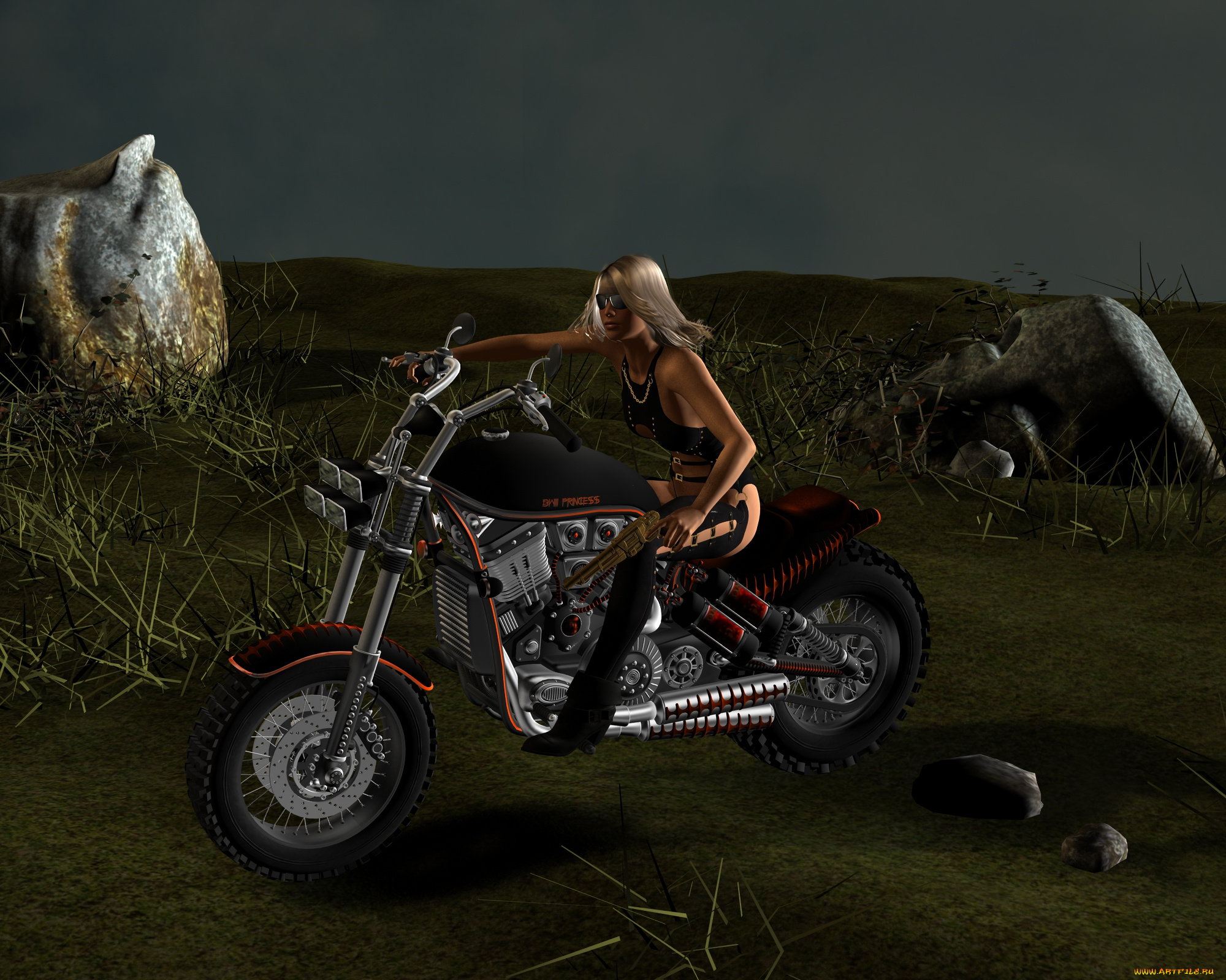 мотоциклы, 3d, взгляд, девушка, оружие, мотоцикл, фон