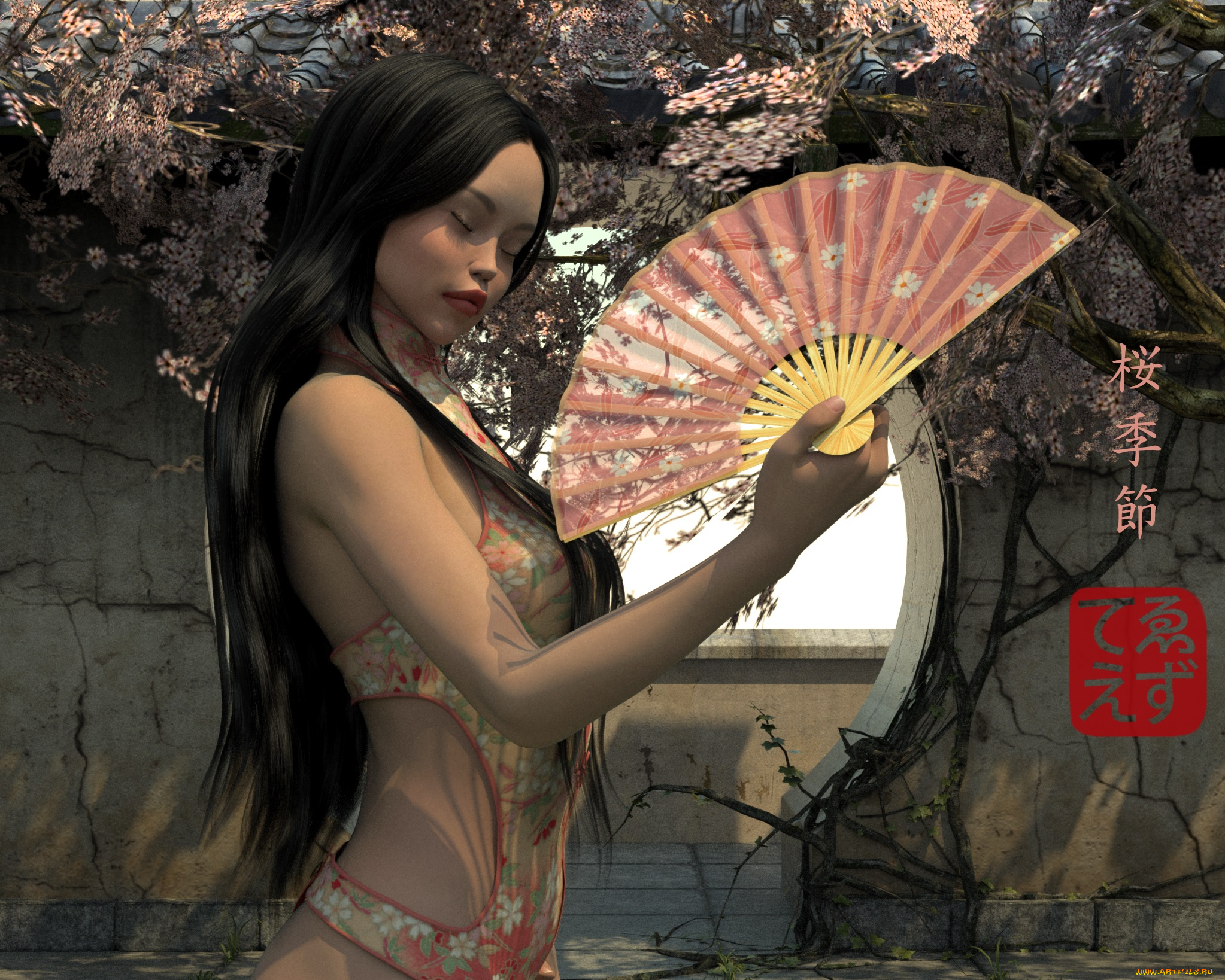 3д, графика, люди, , people, девушка, взгляд, фон, веер