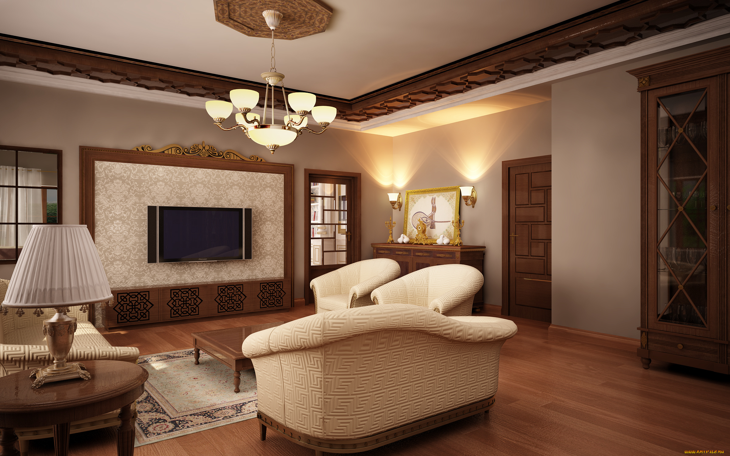 3д, графика, реализм, , realism, телевизор, светильники, столики, кресла, коврик, зеркало