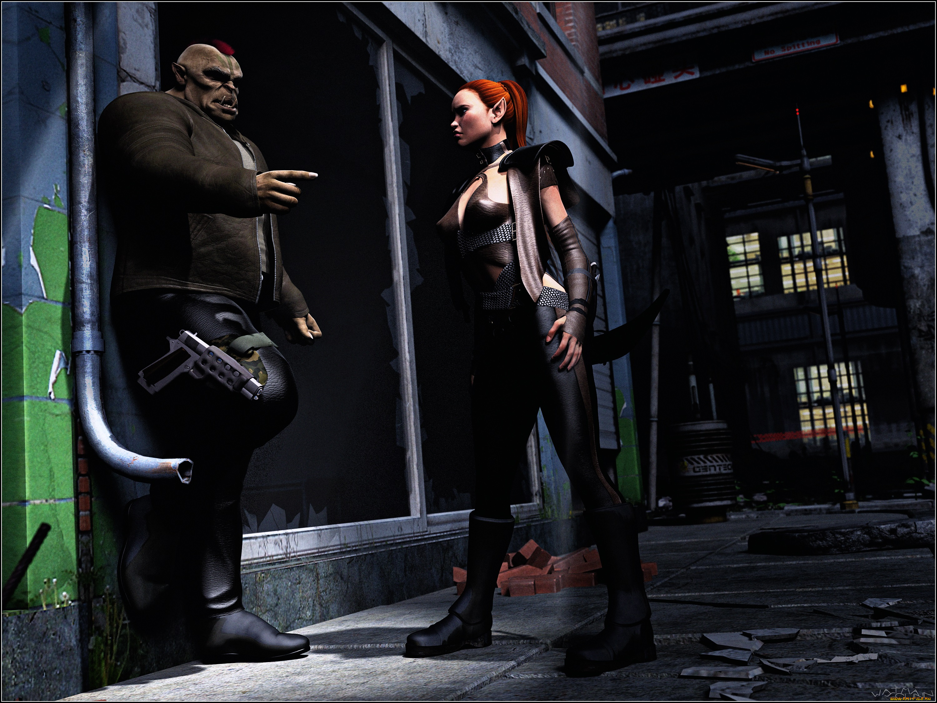 3д, графика, эльфы, , elves, оружие, ночь, улица, эльфы