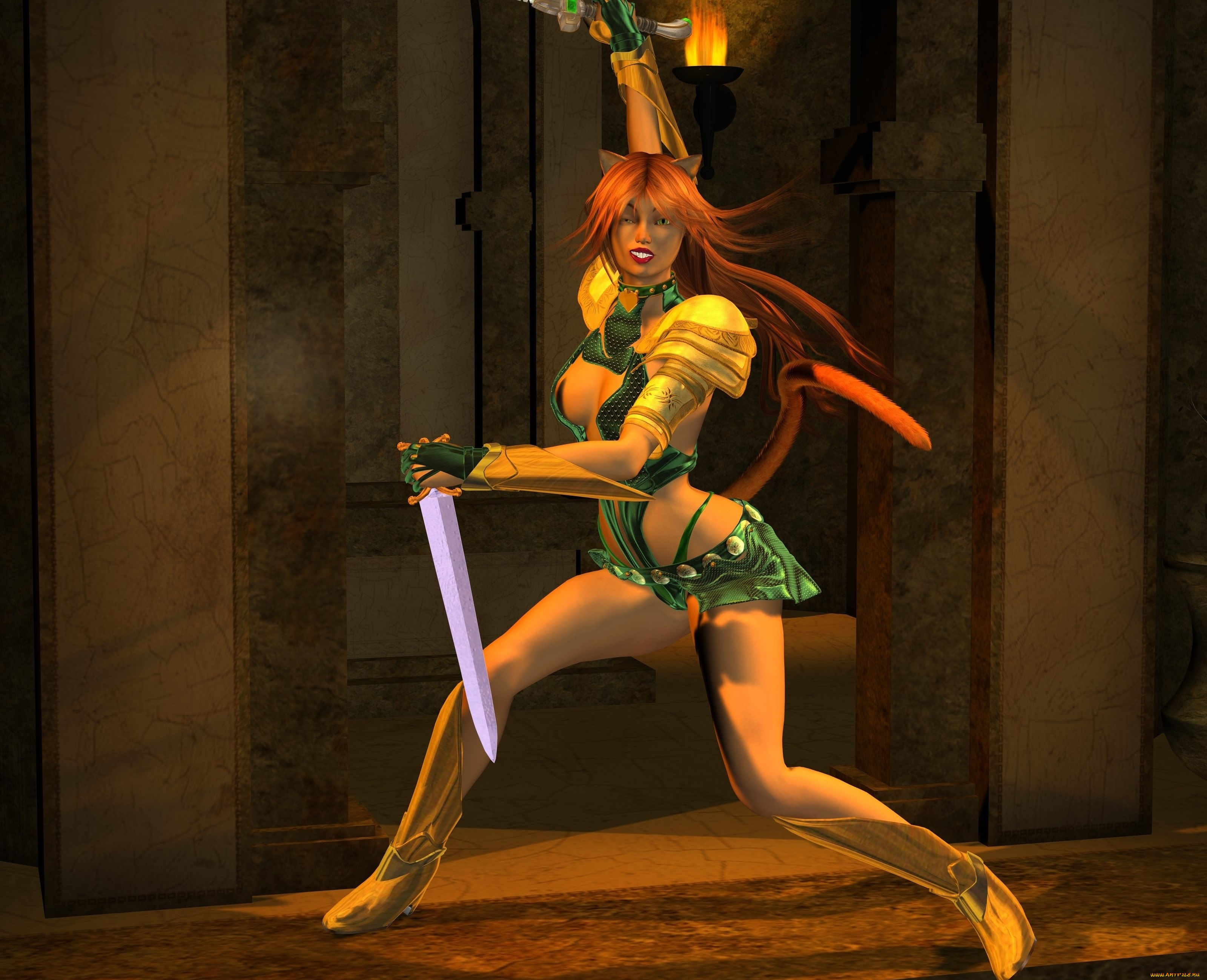 3д, графика, существа, , creatures, фон, взгляд, девушка, хвост, ушки, оружие