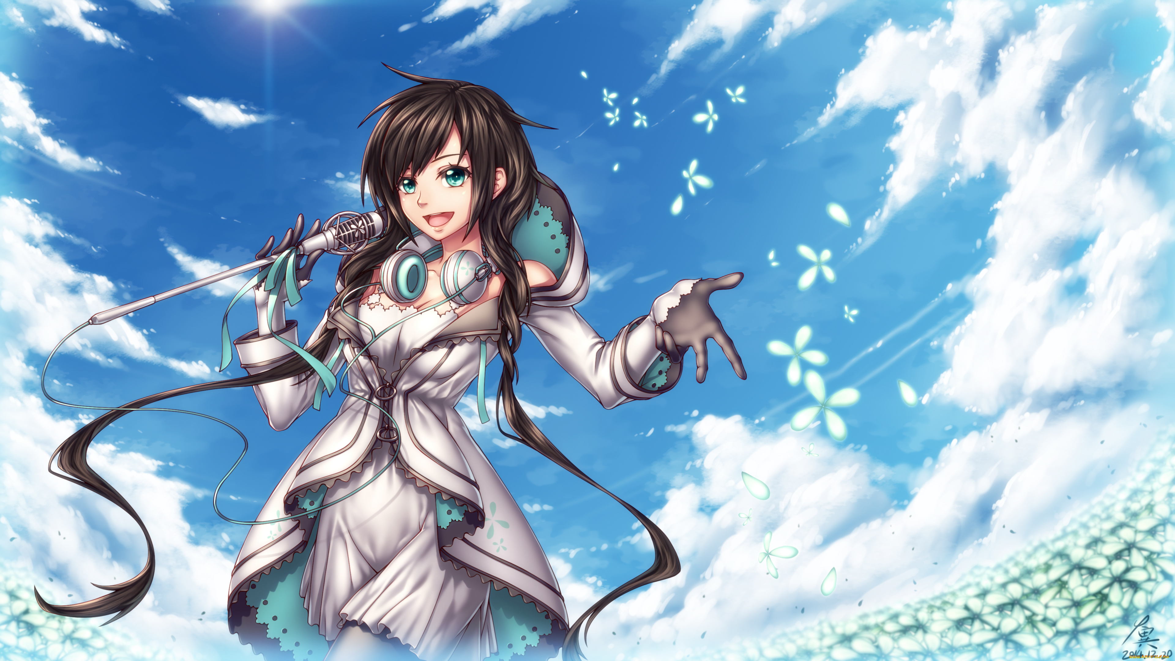 аниме, музыка, микрофон, взгляд, облака, девушка, арт, zerg, xia, yu, yao, utau, небо