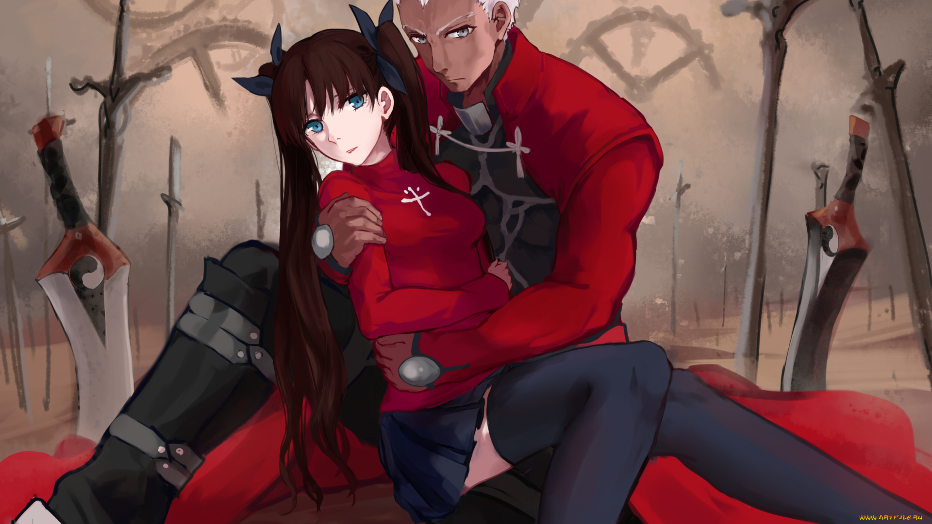 аниме, fate, stay, night, stay, night, archer, tohsaka, rin, kubiao, мечи, слуга, мастер, арчер, рин, пара