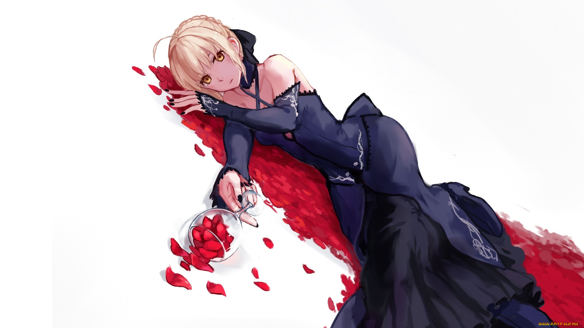 аниме, fate, stay, night, stay, night, saber, alter, kubiao, бокал, лепестки, девушка, арт, артурия, сейбер