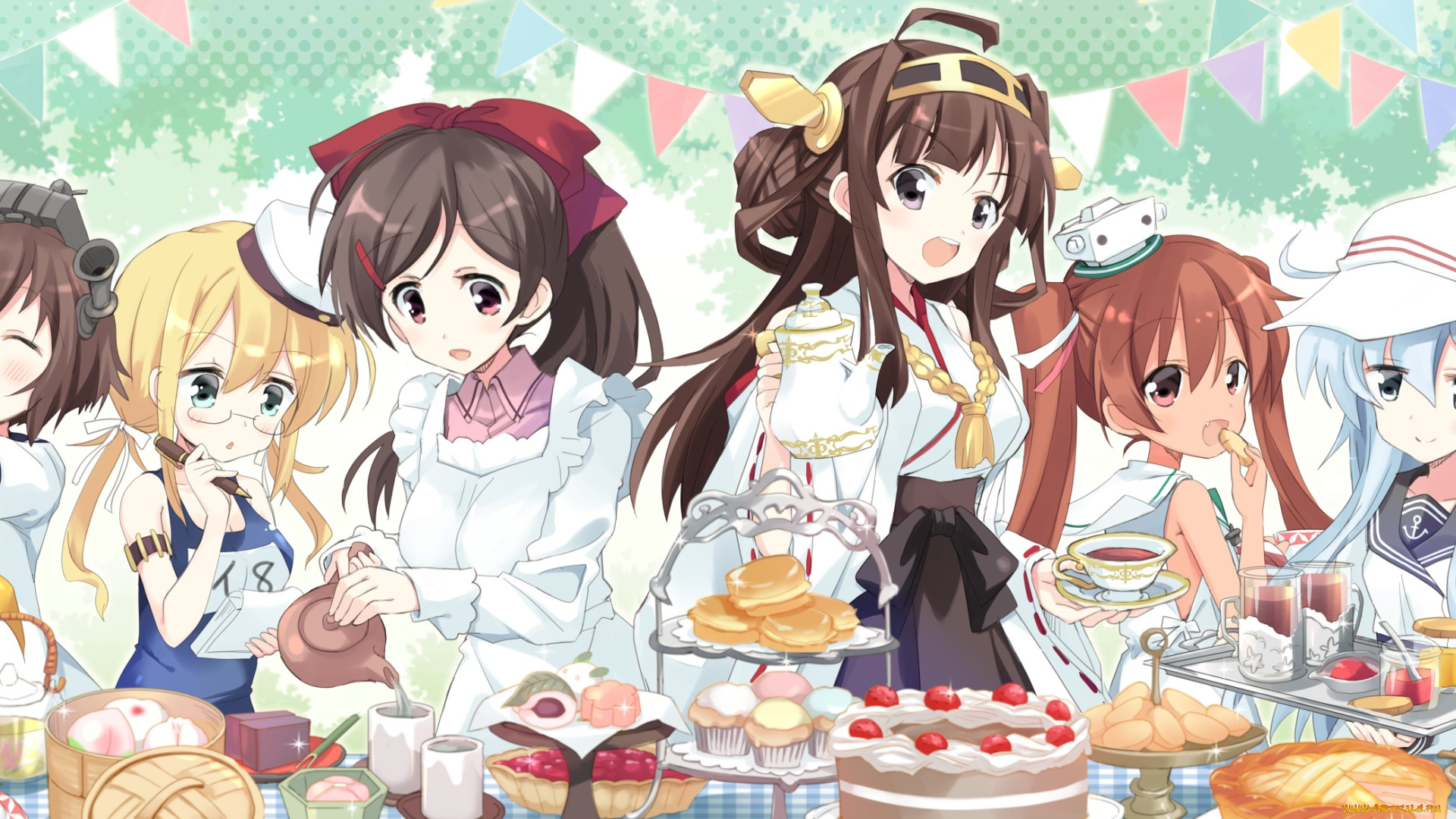 аниме, kantai, collection, hizuki, yayoi, сладости, стол, арт, девочки, чаепитие