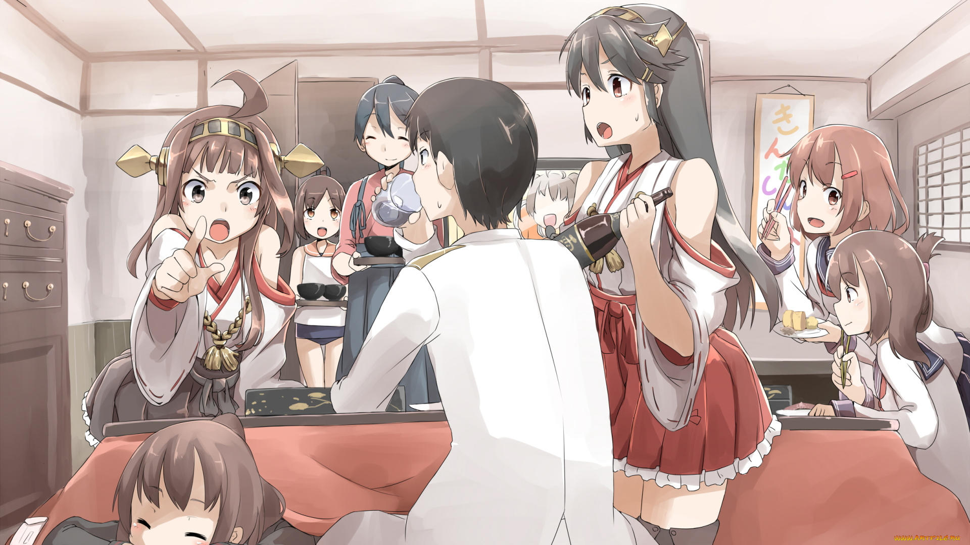 аниме, kantai, collection, sekira, ame, арт, столовая, девушки, парень