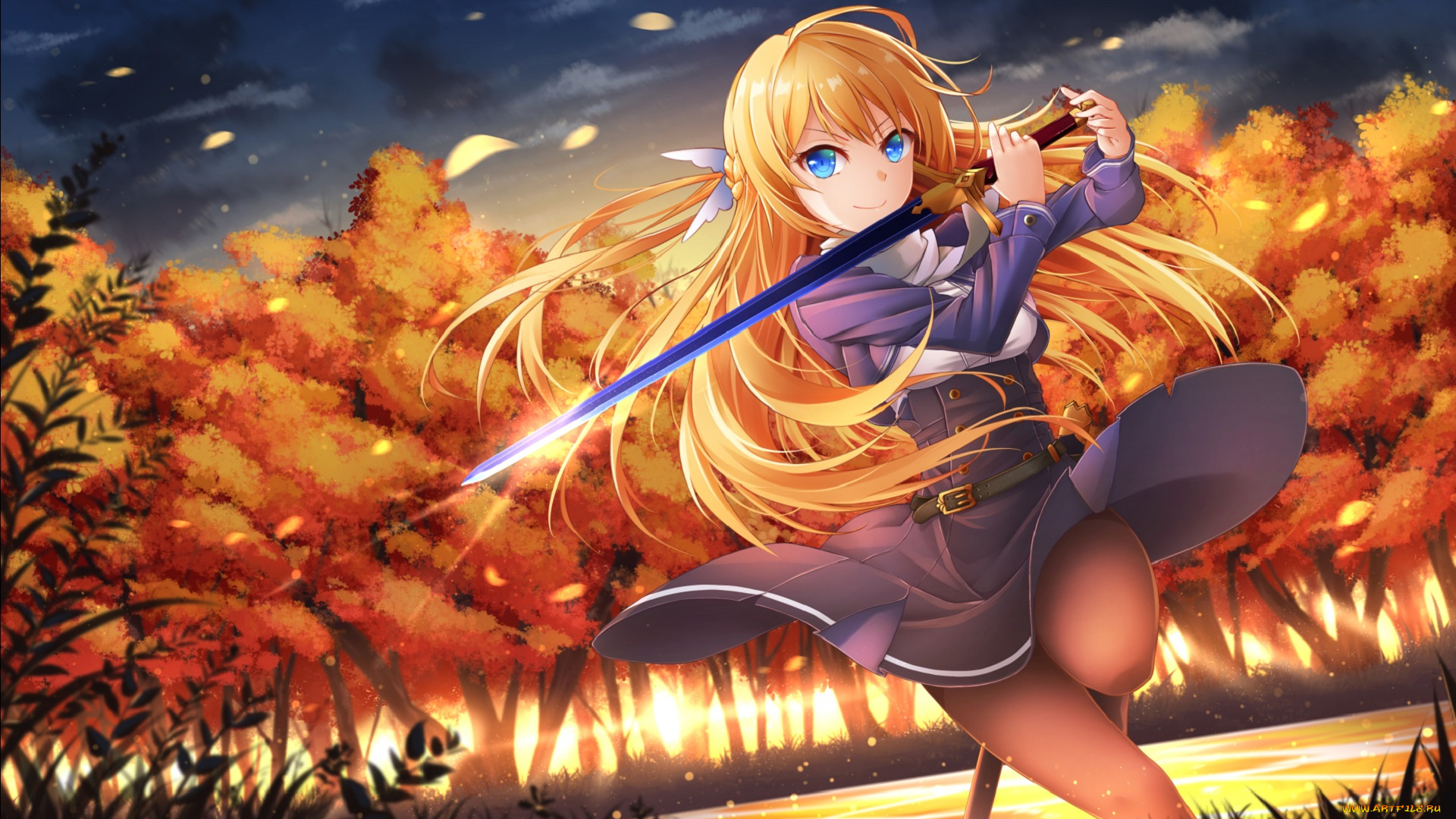 аниме, оружие, , техника, , технологии, healther, осень, лес, девушка, меч