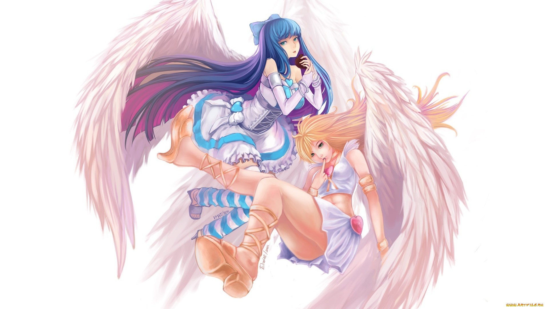аниме, panty, &, stocking, with, garterbelt, крылья, белый, фон, сердечки, девушки