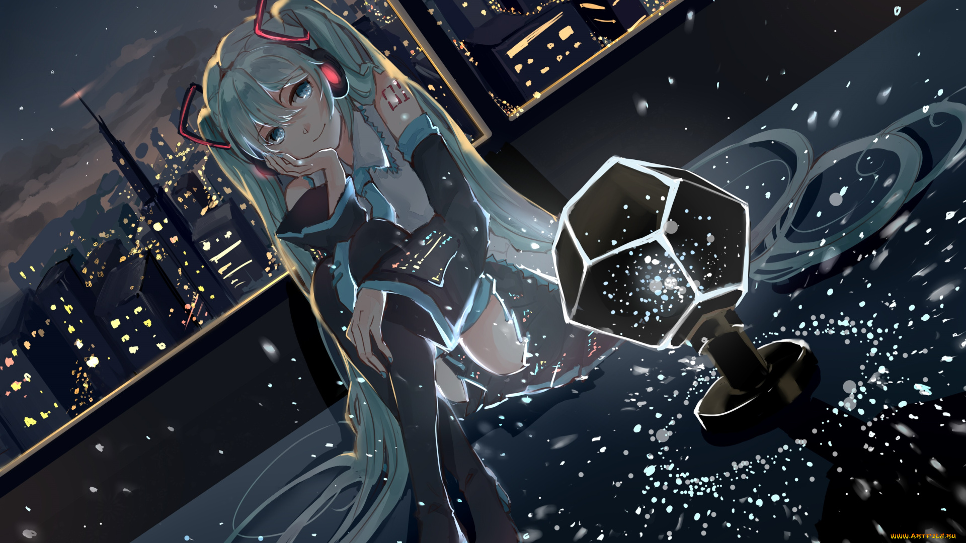 аниме, vocaloid, hatsune, miku, город, elea, artist, ночь, девушка