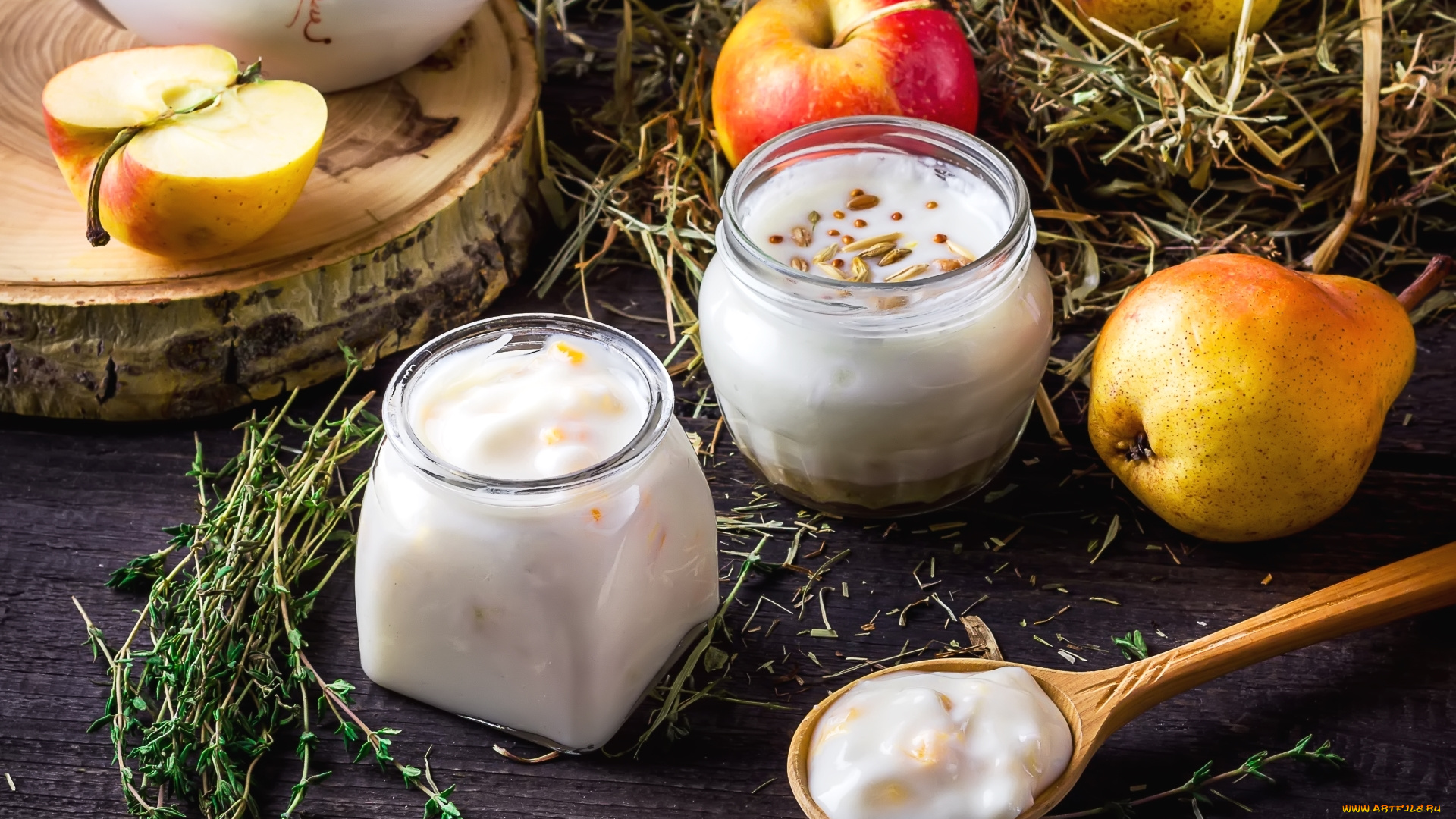 еда, мюсли, , хлопья, груша, яблоко, йогурт