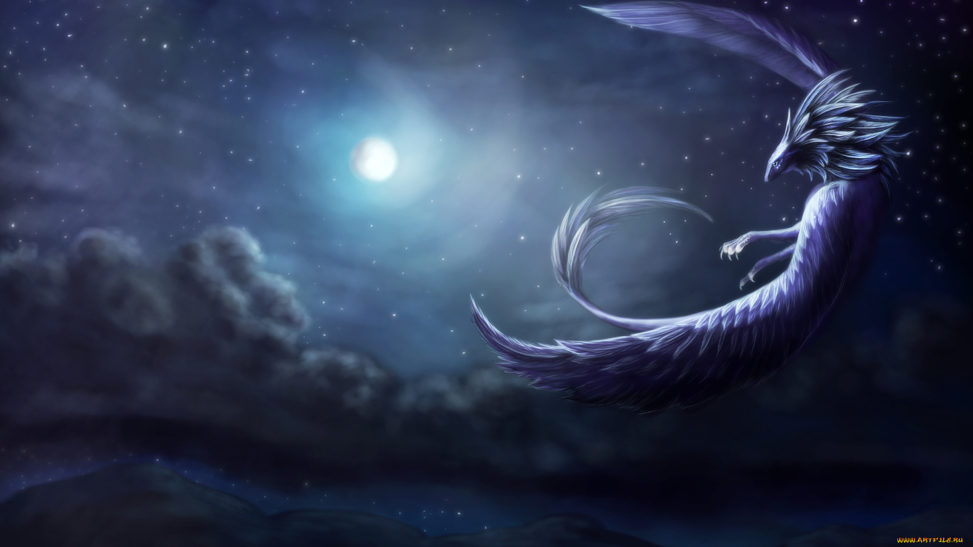 фэнтези, существа, крылья, существо, фантастика, арт, луна, небо, ночь, полет