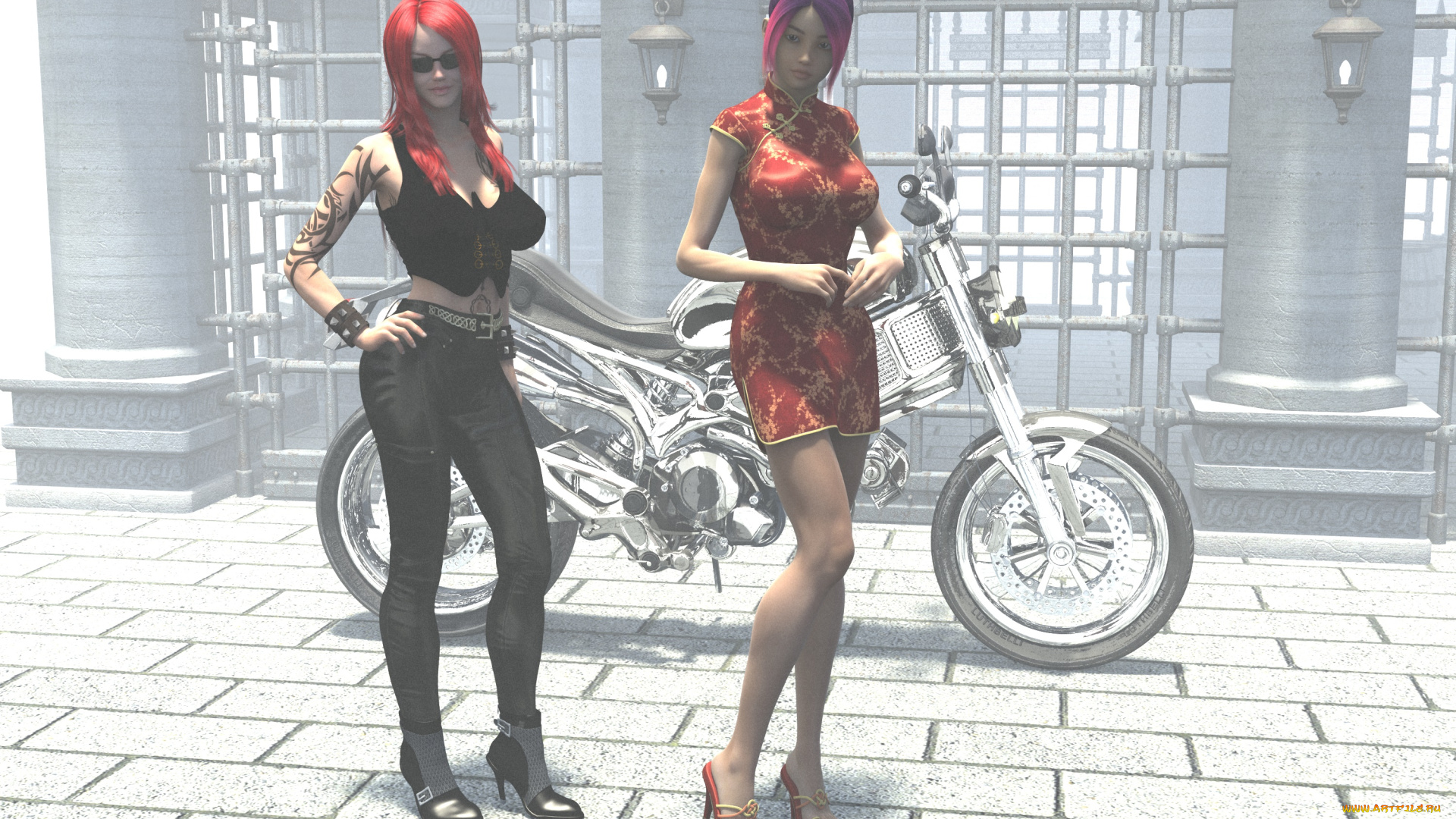 мотоциклы, 3d, мотоцикл, фон, взгляд, девушки