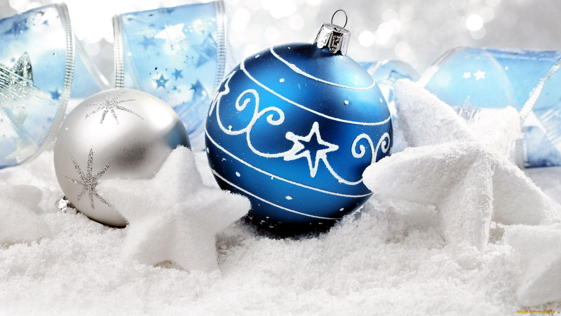 праздничные, шары, снег, лента, звезды