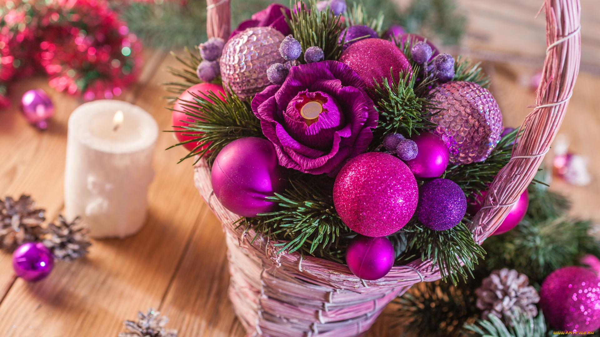 праздничные, шары, свеча, корзина, игрушки, конфеты, декор, цветы, ель, шишки
