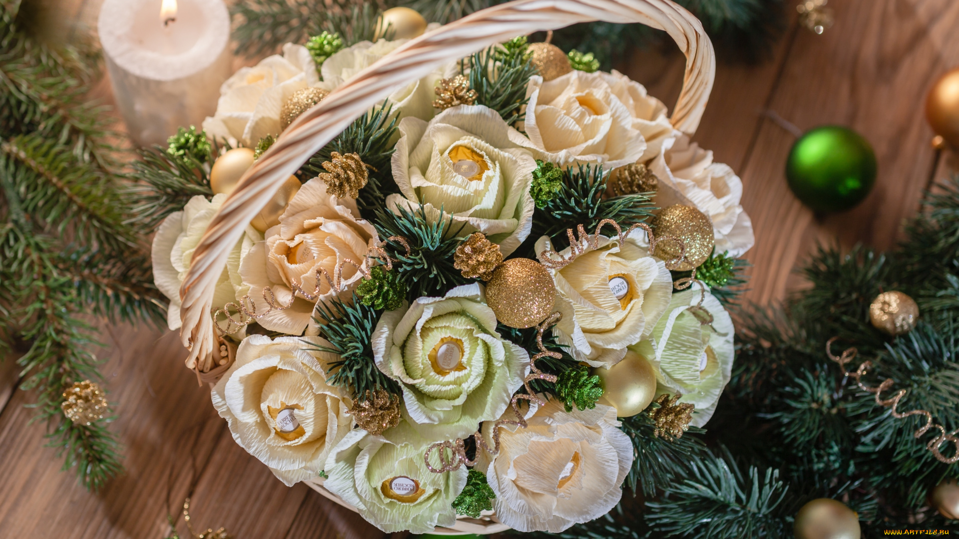 праздничные, угощения, декор, корзина, цветы, конфеты, ель, игрушки, свеча, шишки, композиция