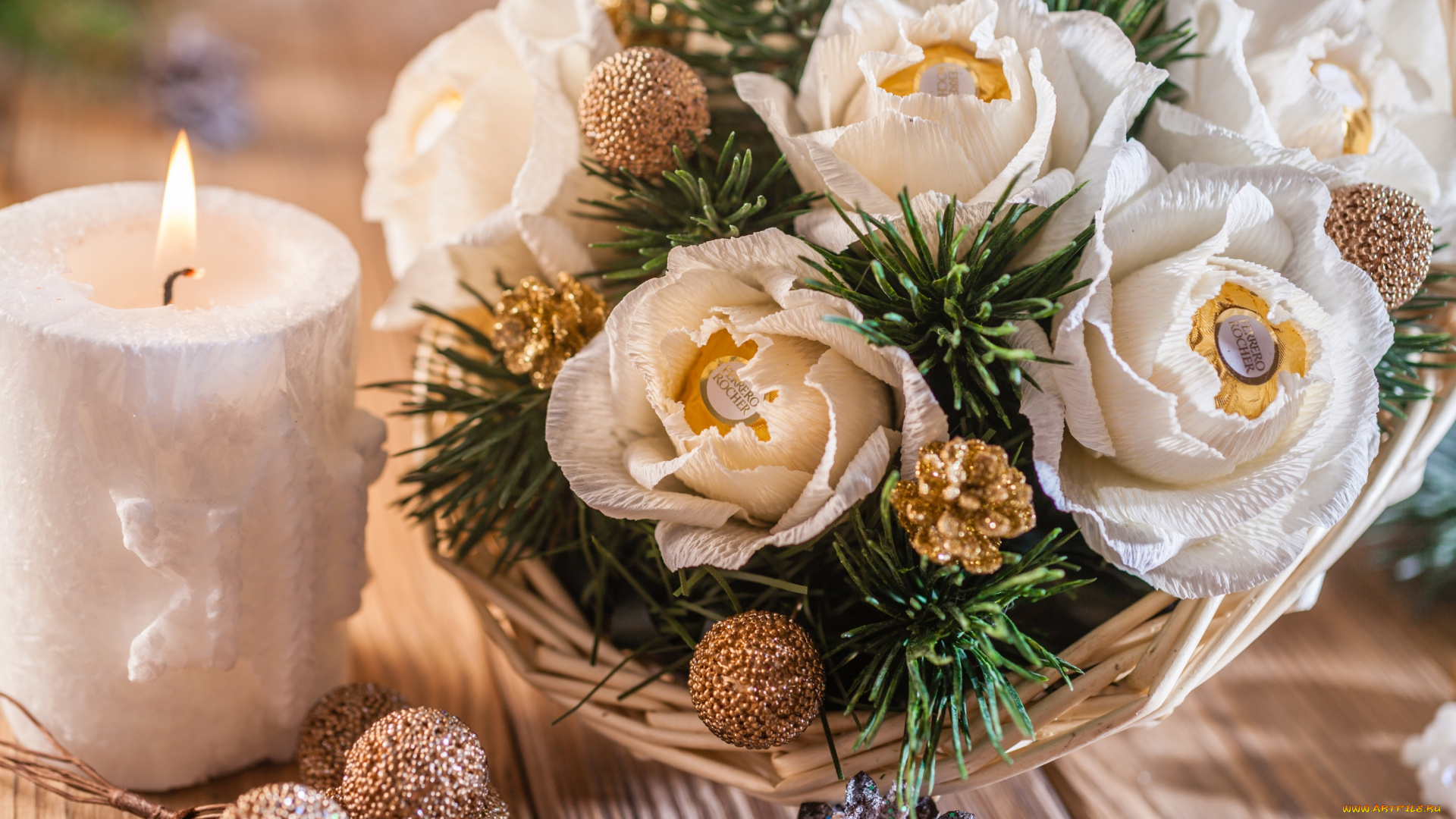 праздничные, угощения, корзина, декор, ель, свеча, композиция, шишки, конфеты